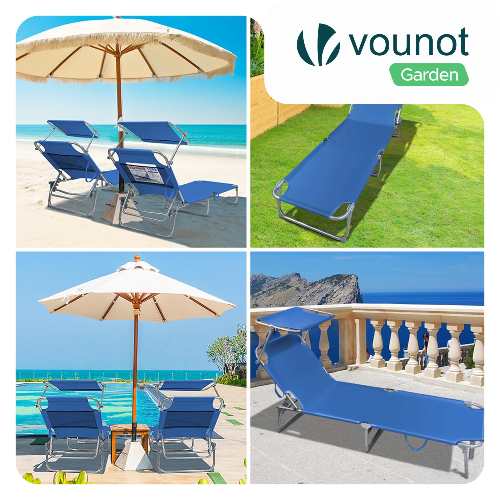 VOUNOT® Juego de 2 Tumbonas Plegable con Parasol Ajustable Tumbona Reclinable Jardín Exterior Respaldo Poliéster Regulable en 4 Posiciones Carga Máx. 120kg para Piscina Playa Terraza 190x58x27cm Azul