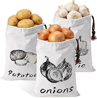 3 Stück Kartoffelsack, 26x35CM Kartoffeln Zwiebeln Knoblauch Aufbewahren Kartoffelaufbewahrung aus Canvas Aufbewahrung Küche mit Kordelzug Gemüsebeutel