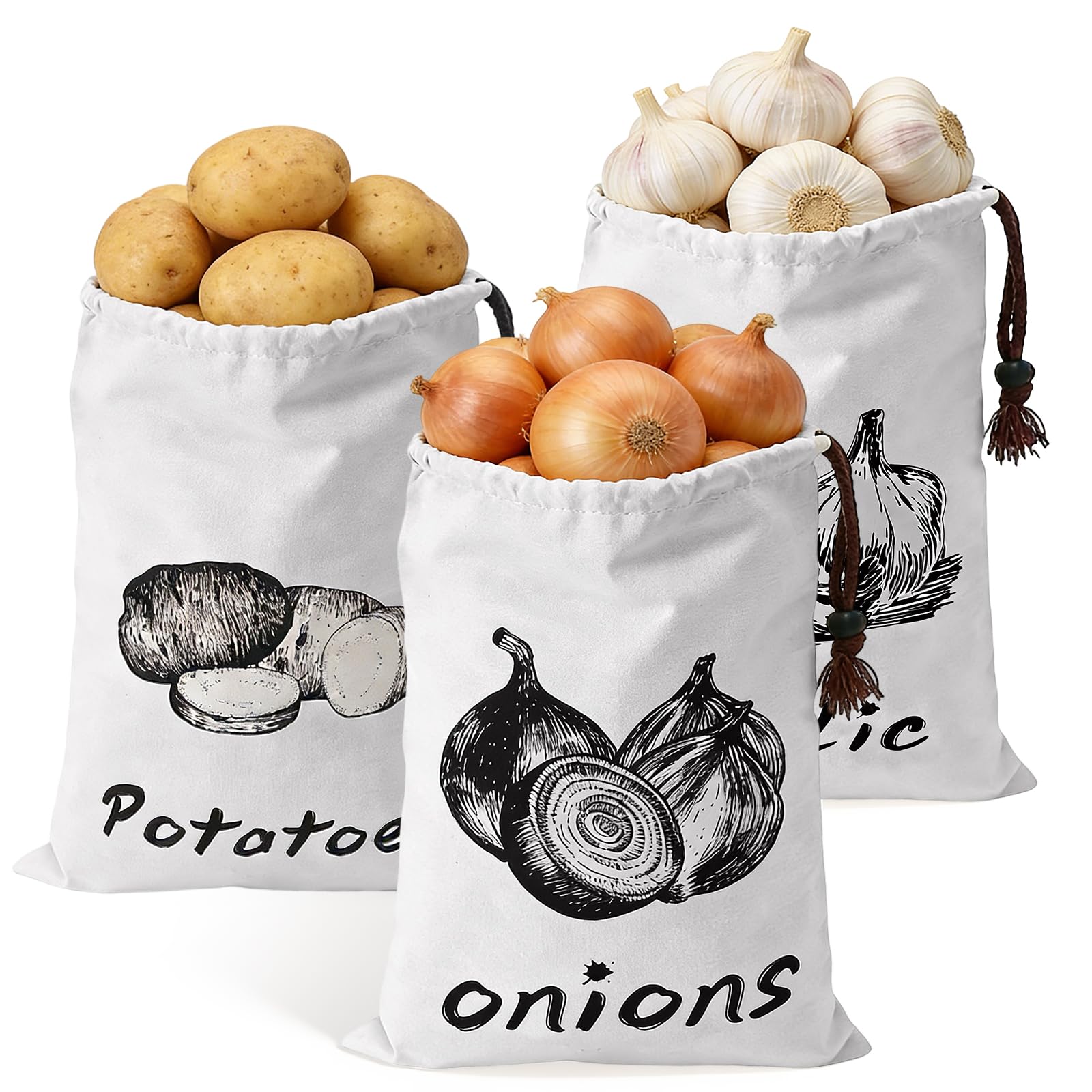 3 Stück Kartoffelsack, 26x35CM Kartoffeln Zwiebeln Knoblauch Aufbewahren Kartoffelaufbewahrung aus Canvas Aufbewahrung Küche mit Kordelzug Gemüsebeutel