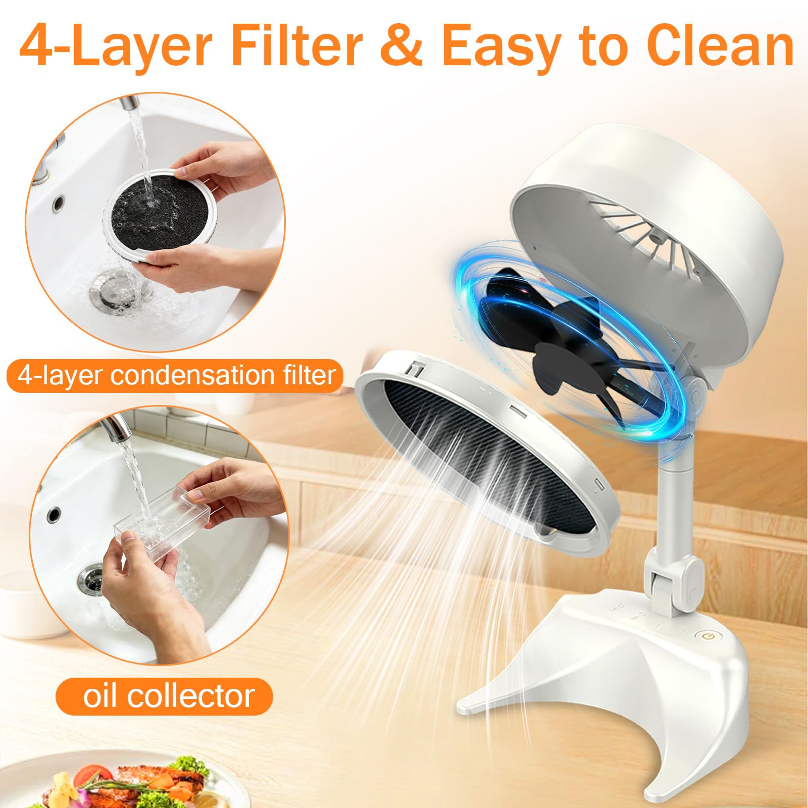 Portable Range Hood for Indoor Outdoor, 3-Speed Cordless Desktop Range Hoods with Adjustable Height & Angle, Rechargeable Kitchen Exhaust Fan with Oil Cup for Small Apartments, Dorm, RV, BBQ/Hot Pot - 5