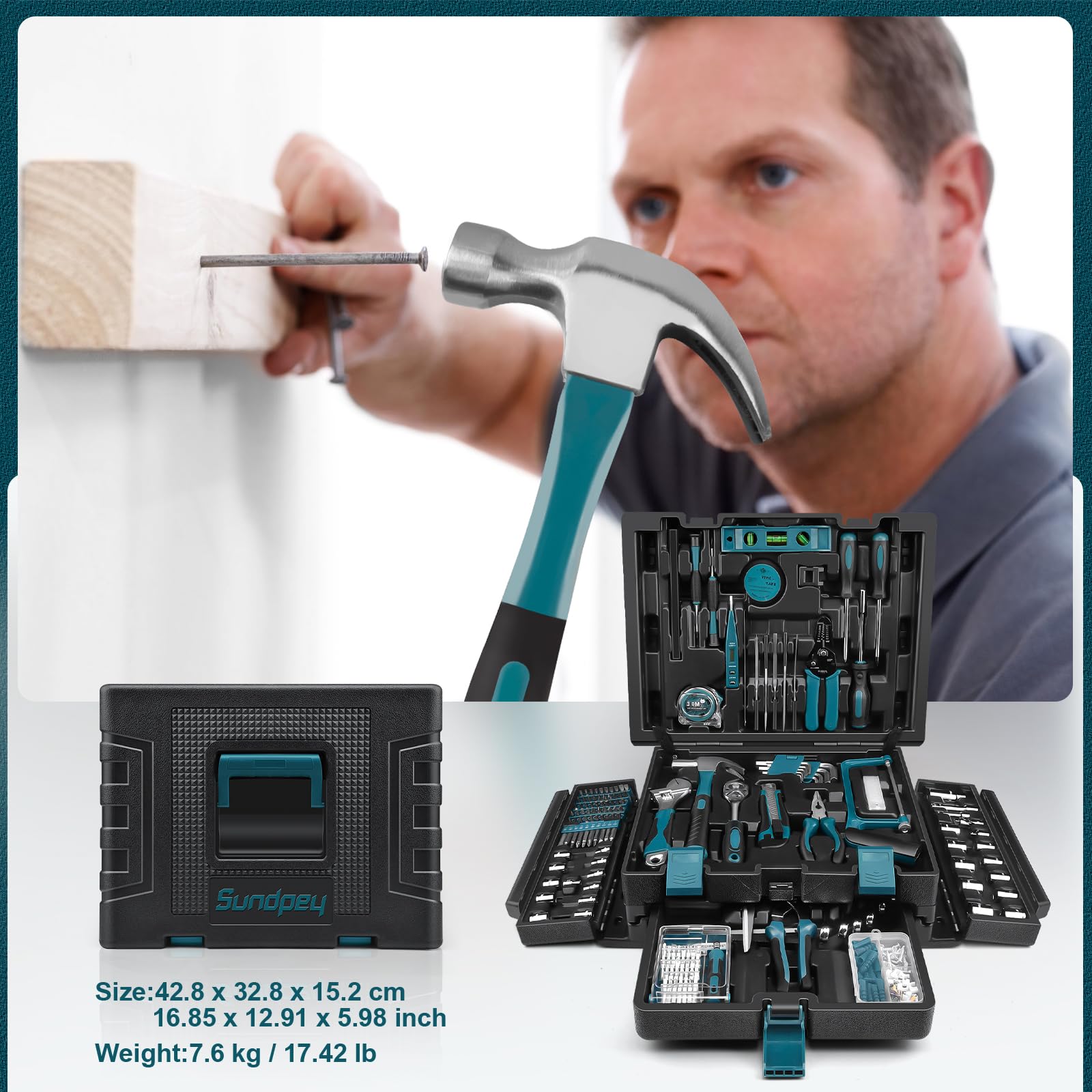 Sundpey Mallette à Outils 379 Pièces, Boite a Outils Avec Tiroir Ménagers Généraux Caisse a Outil Complete avec Cliquet, Tournevis, Clés & Accessoires pour Bricolage, Mécanique Auto, Travaux Maison