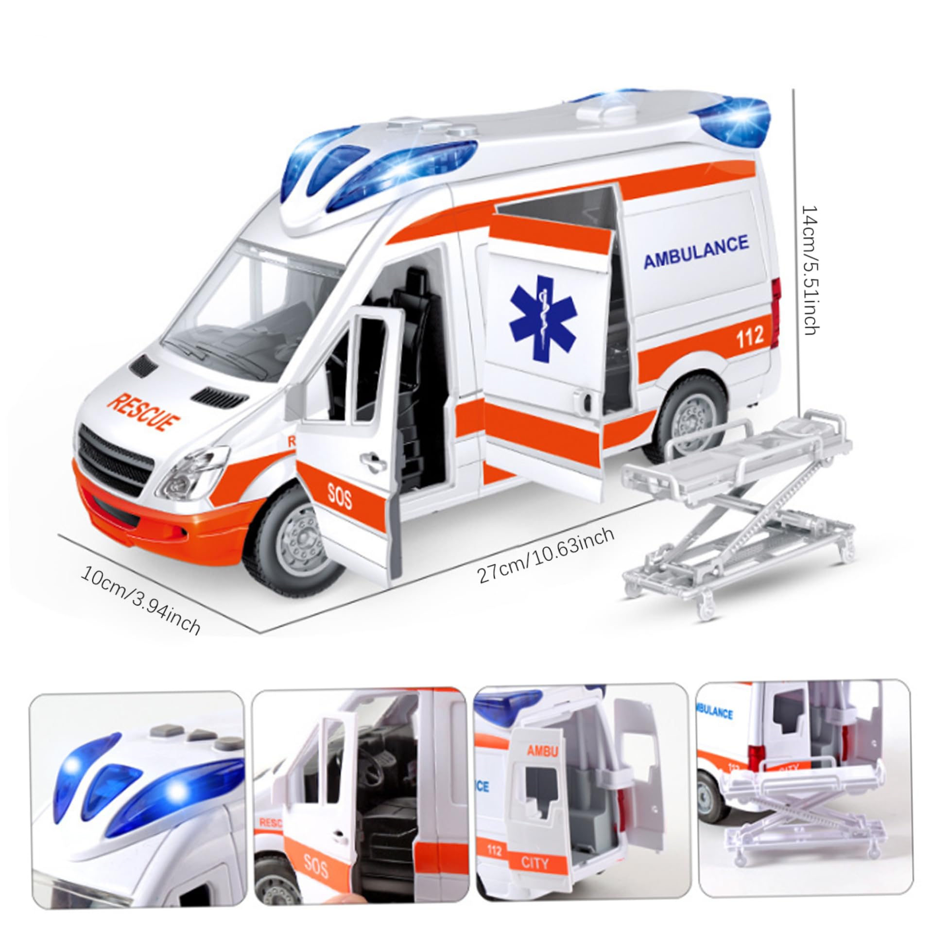 1pc Ambulance Juguete con Luces y Sonidos simulación Ambulancia de Juguete de batería con 5 Puertas Abiertas Vehículo de Juguete de inercia para niños Antimitaciones de 3+ cumpleaños