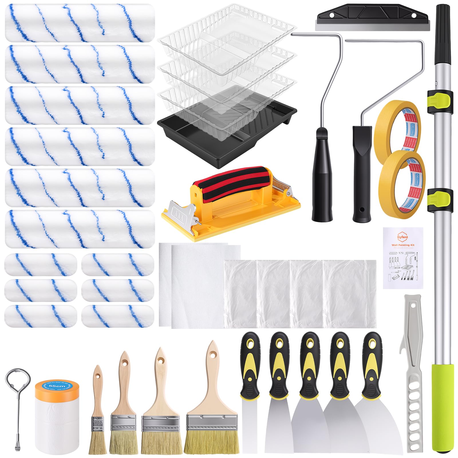 Kit di 40 rulli per pittura tutto in uno con asta telescopica da 1,2 | Forniture per pittura con vassoio rullo pennello nastro porta carta vetrata per casa parete casa pittura angoli soffitti