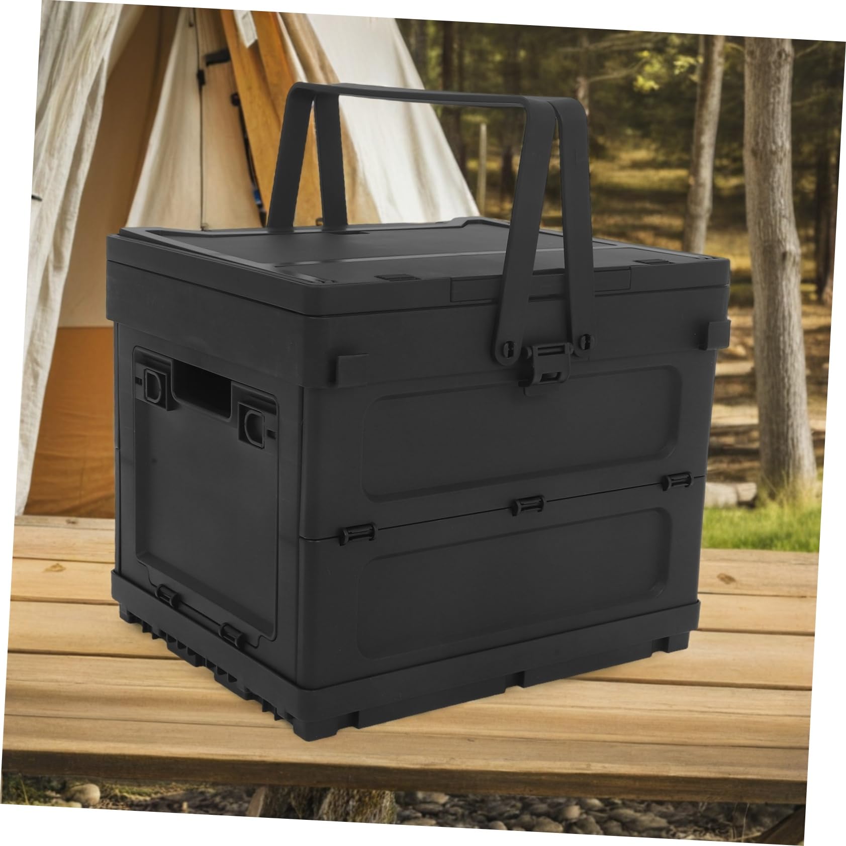 Caja de Almacenamiento Plegable de Plástico Negro para Camping Diseño Multifuncional con Asa Incorporada y Función de Mesa Pequeña y Maletero de Coche