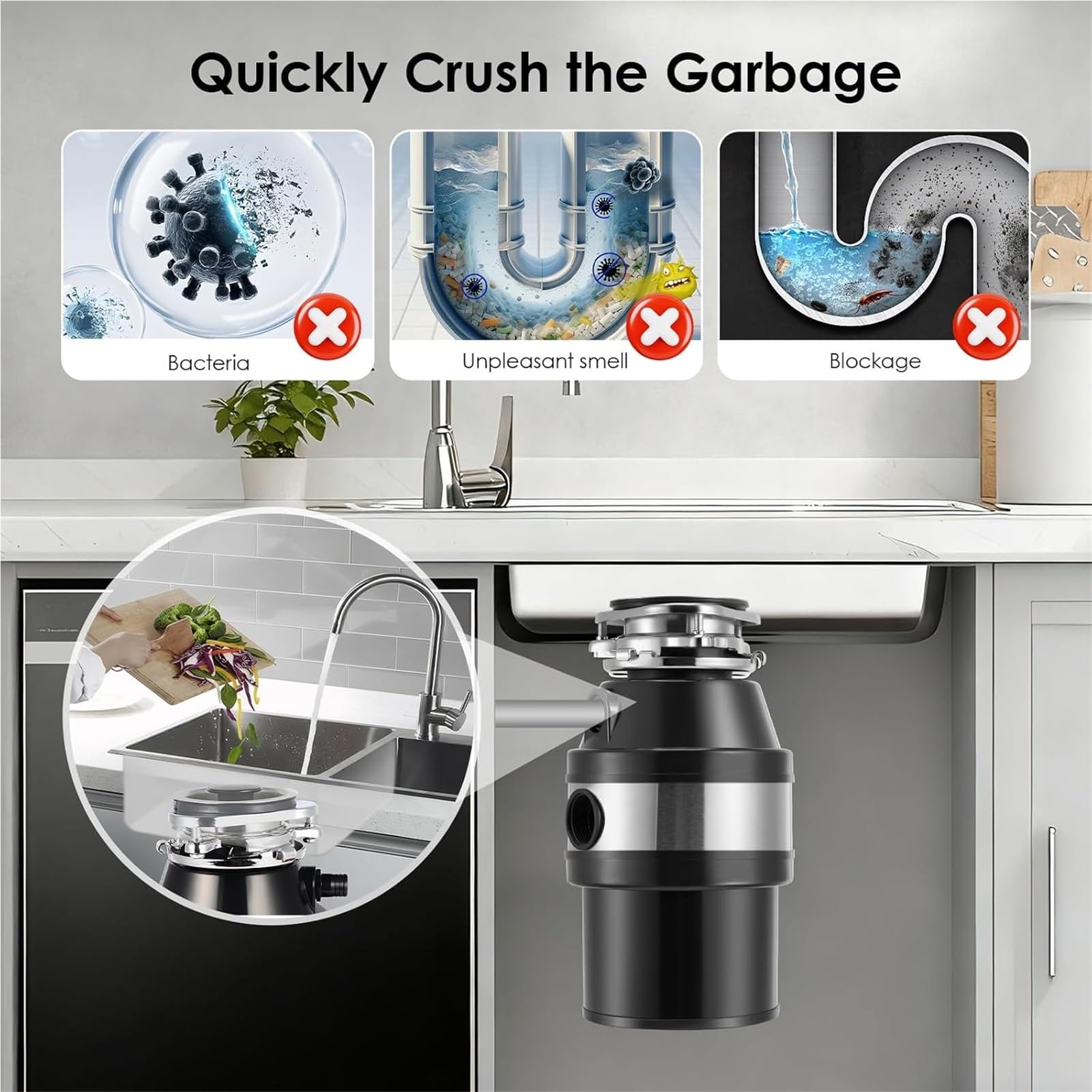 Triturador de residuos de alimentos, máquina trituradora de basura bajo el fregadero de 1,4 L con 4000 rpm, interruptor neumático, contenedores de eliminación de residuos automáticos