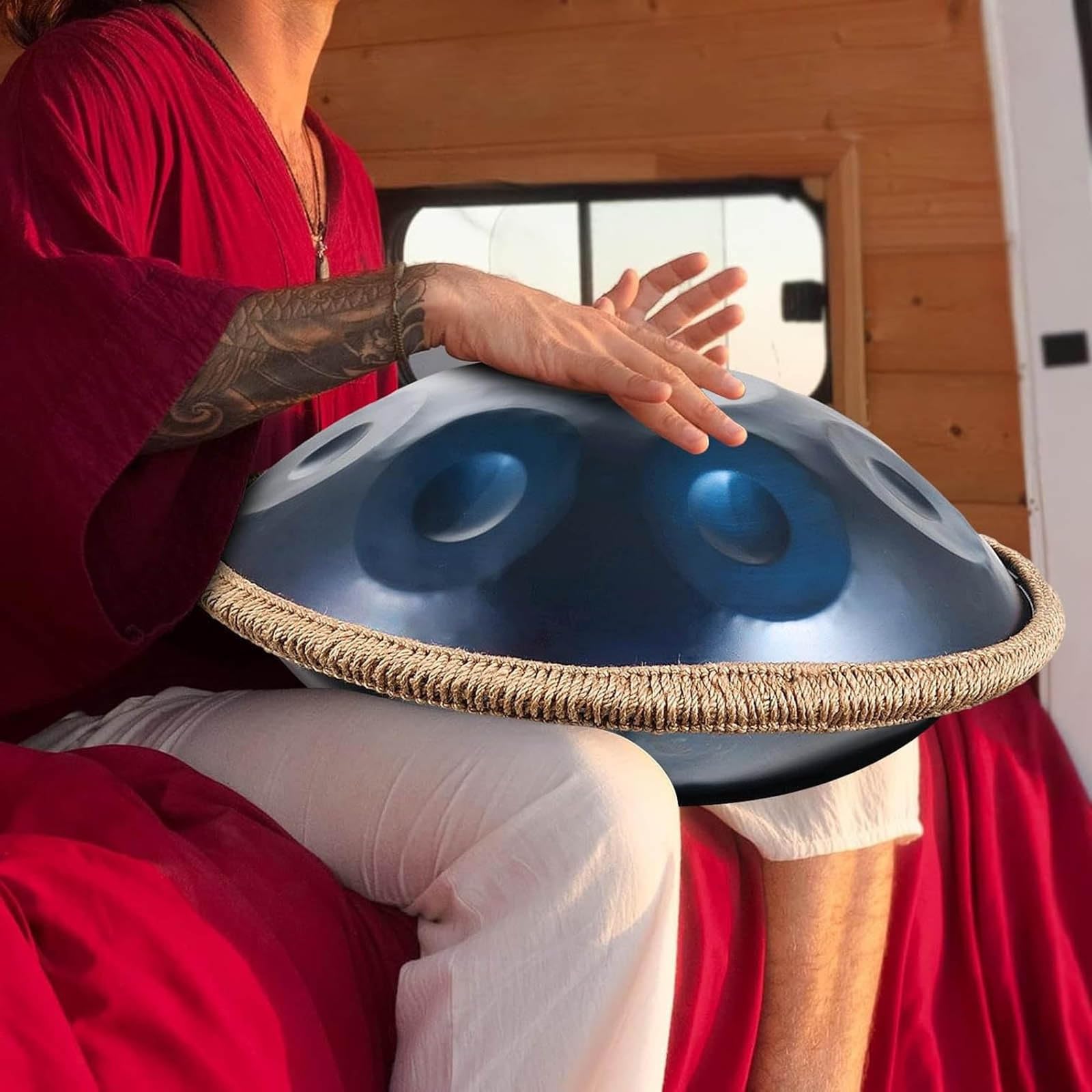Handpan 55.8cm Tamburi a Mano in Re Minore 9/10/12 Note Strumento in Acciaio con Custodia, Bacchette, Suono 432Hz/440Hz per Meditazione, Musicoterapia(Blue,432HZ/12Note)