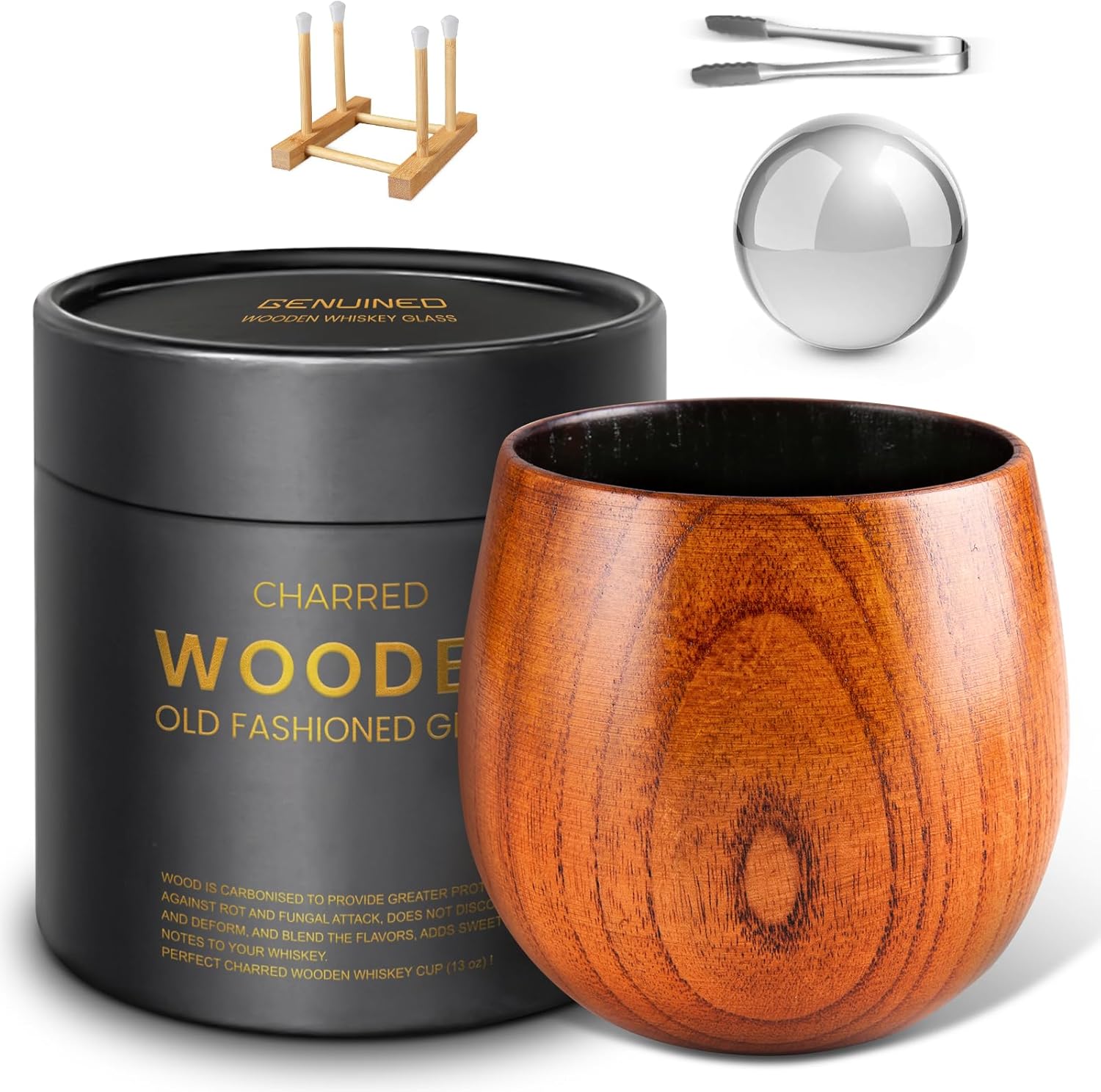 Vasos de whisky de madera ampliados, vidrio de bourbon carbonizado a la antigua, regalos de whisky bourbon para hombres, papá, marido o hermano,