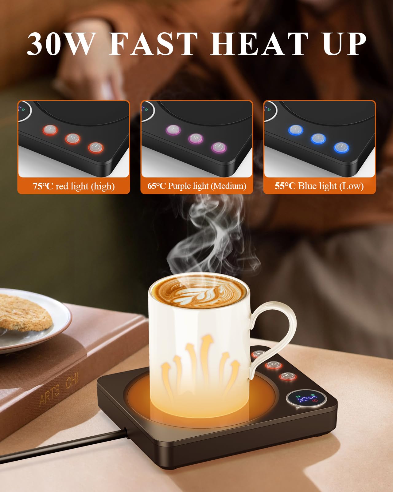 HOMEASY Calentador de Tazas, 30W para Tazas Eléctrico con 3 Configuraciones de Temperatura 4H Apagado Automático para Escritorio Agua Caliente Té Leche Calentador Regalo Negro