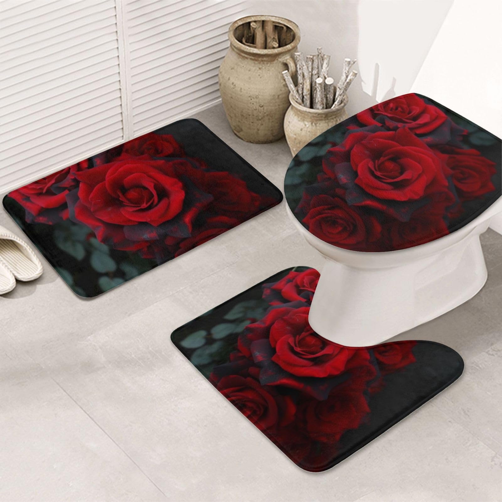 Tapis de bain antidérapants lot de 3 en flanelle avec contour et couvercle WC rose et noir