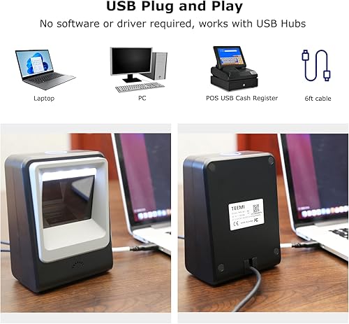 Miniatura 4 de TEEMI Escáner de código de barras 1D 2D manos libres, QR Omnidireccional Escritorio USB con cable Virtual COM Puerto COM automático Imagen de código