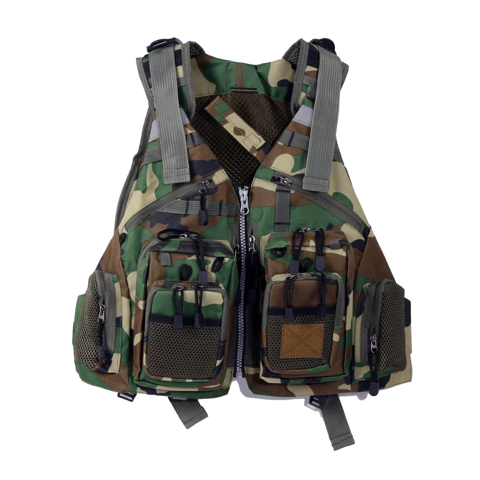 Sac à dos gilet de pêche à la mouche - Léger réglable et séchable rapide, avec 10 poches pour la pêche en mer, les leurres, la pêche en roche, la pêche au bateau, la pêche au radeau Camouflage A
