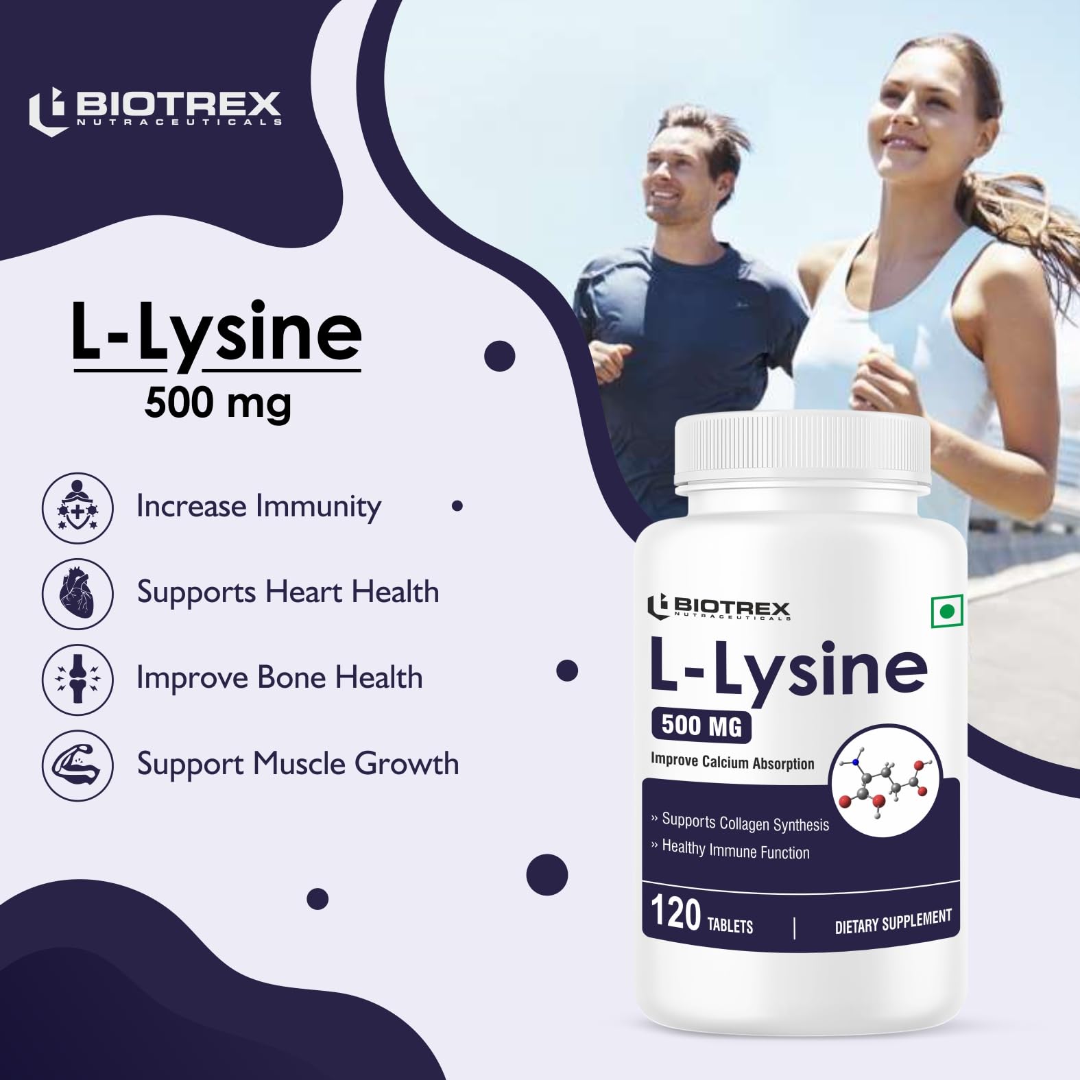 Biotrex Nutraceuticals L-Lysine 500mg | Supports Muscle Growth & Healing | Improve Calcium Absorption & Bone Health | Boost Immunity | L-Lysine Amino Acid | 120 Tablets 2