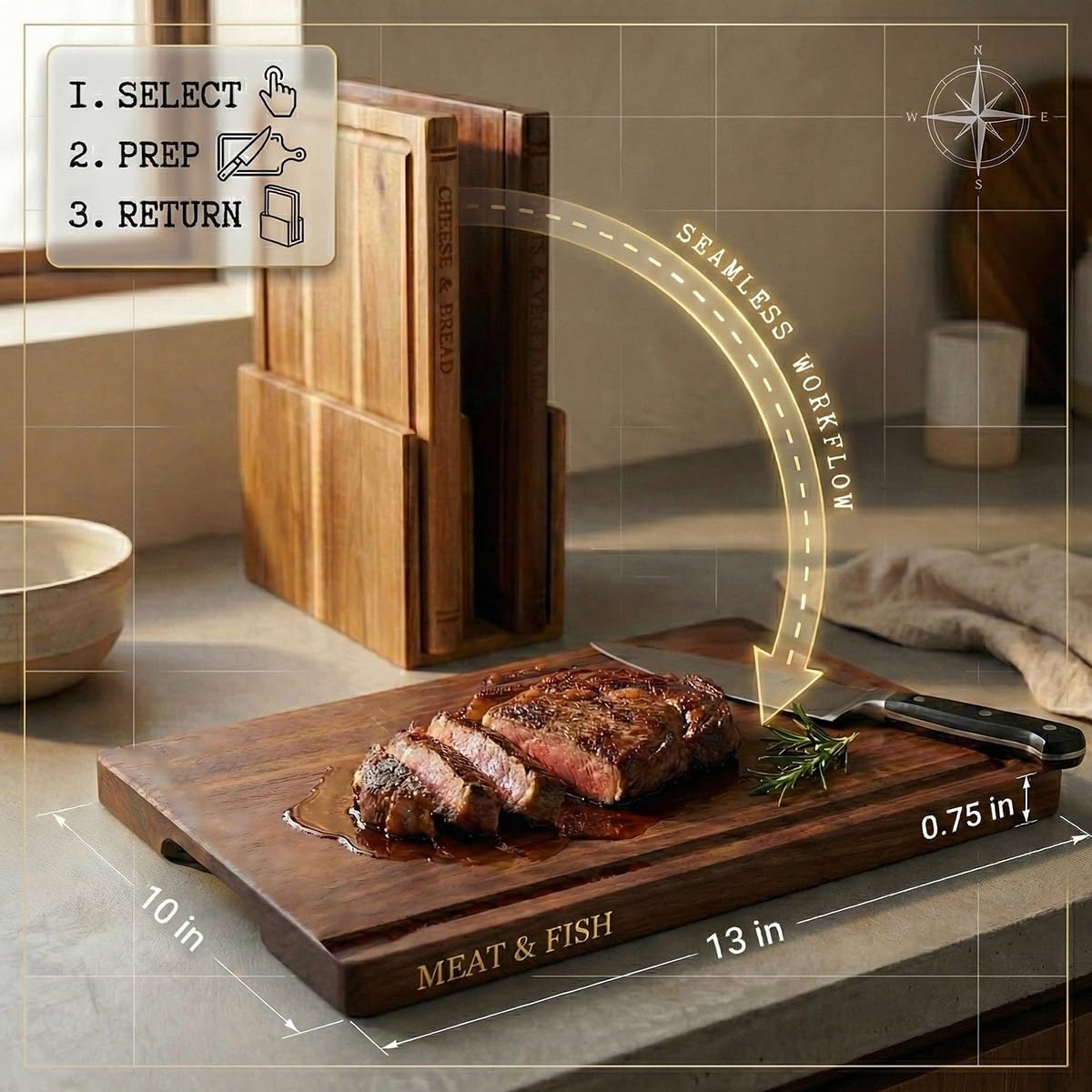 Profi Schneidebrett Holz Set mit Ständer in Buchoptik - 3x Gleiche Größe Holzschneidebrett Set - Robustes Küchenbrett Holz für Fleisch & Brot - Book Cutting Board Set - Schneidebrett Bücher