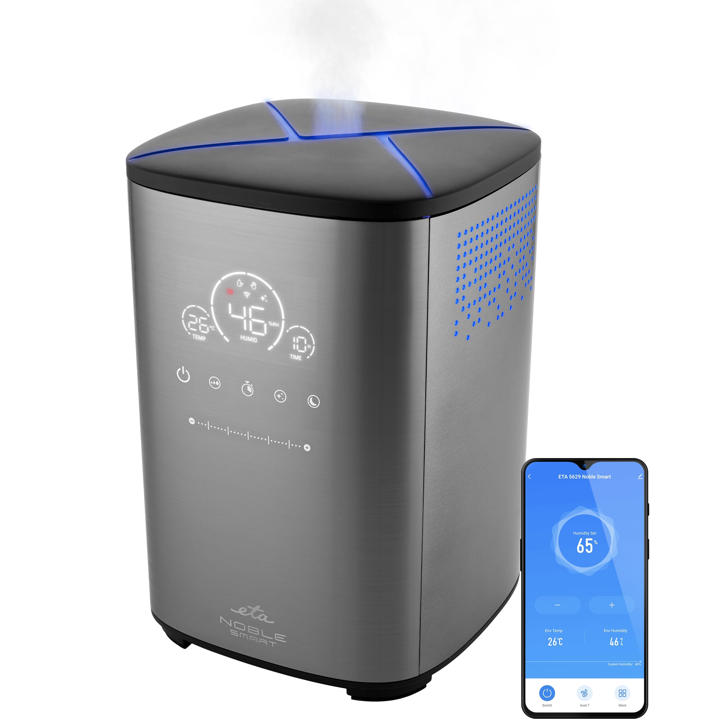 ETA Noble Smart ultradźwiękowy nawilżacz powietrza 3 w 1 z jonizatorem, zbiornik 4 l, czas pracy 30 h, aromaterapia, 7 poziomów mocy, higrostat, timer i wyświetlacz