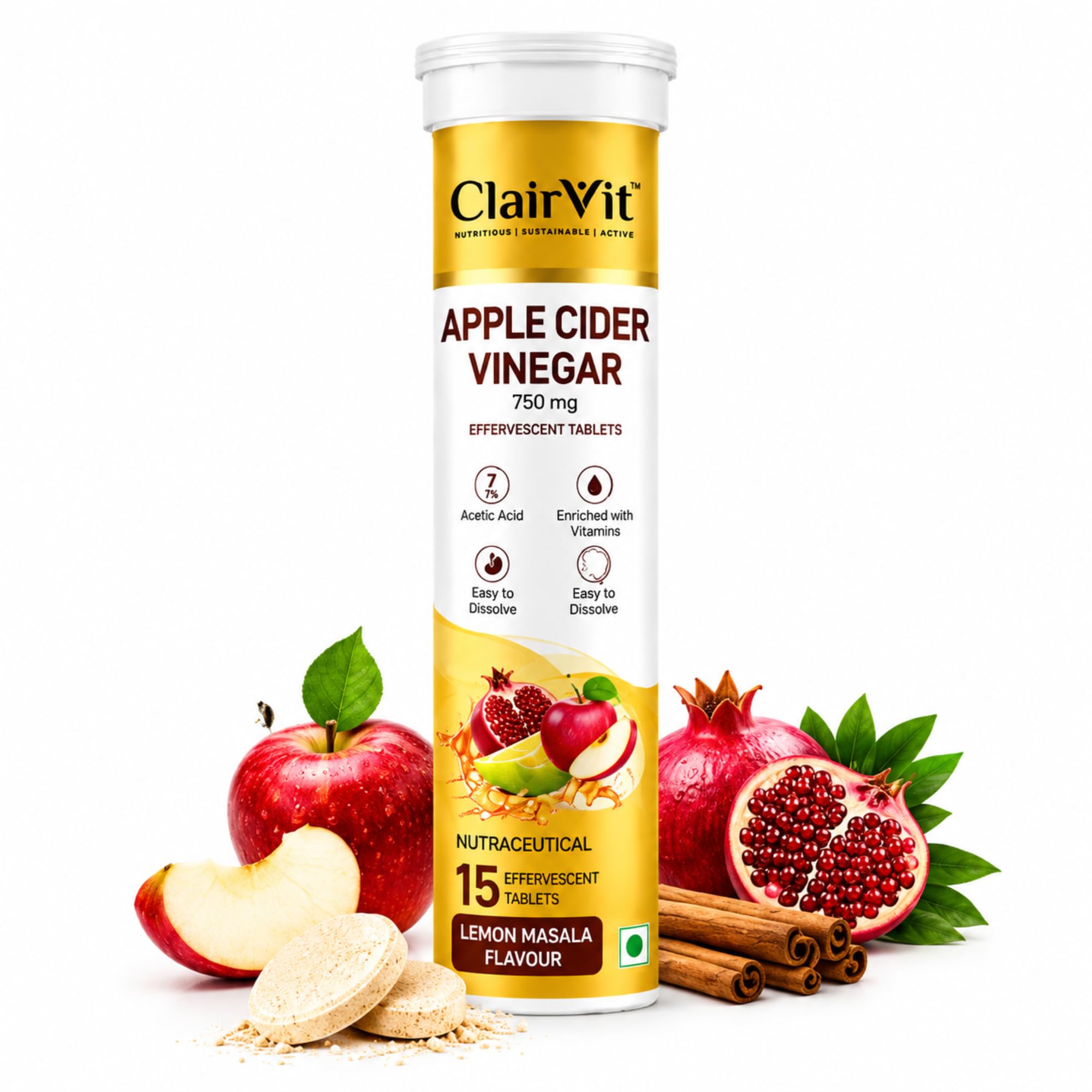 Apple Cider Vinegar Effervescent Tablets 750 mg | Lemon Masala Flavour | With Garcinia Cambogia, Pomegranate Extract, Vitamin B6 & Vitamin B12 | 15 Effervescent Tablets-picture-26