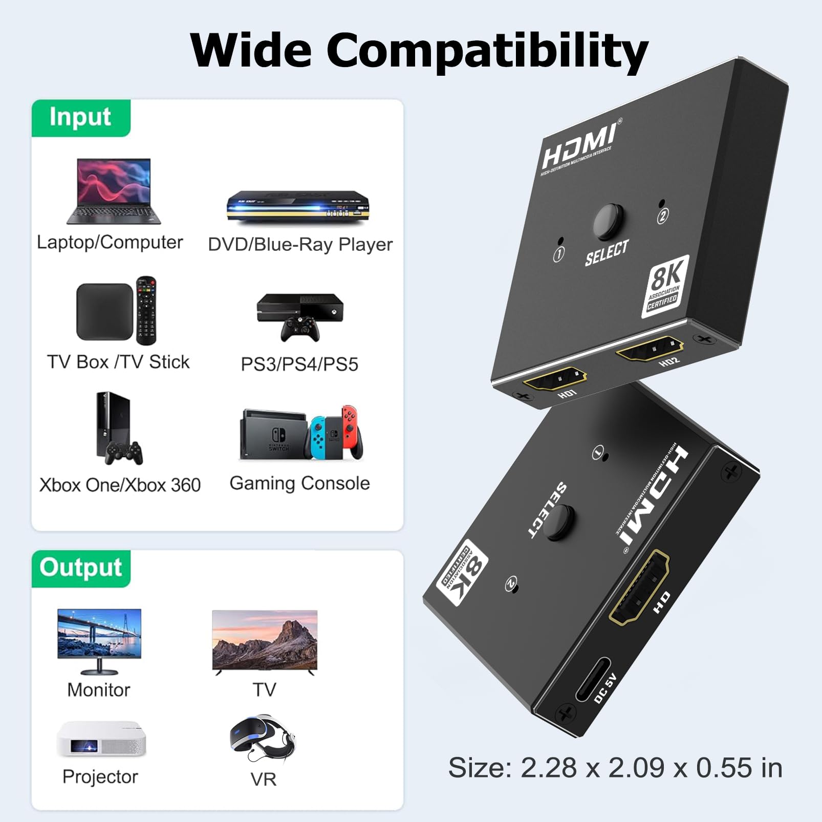 Switch HDMI 2.1 Splitter 8K@60Hz 4K@120Hz, Alluminio Bidirezionale HDMI Switch 2 in 1 Out/1 in 2 Out, Hdmi 2.1 Switcher Distributore supporta 48Gbps 3D HDCP 2.3 per PS5/4 Fire Stick/Xbox/HDTV