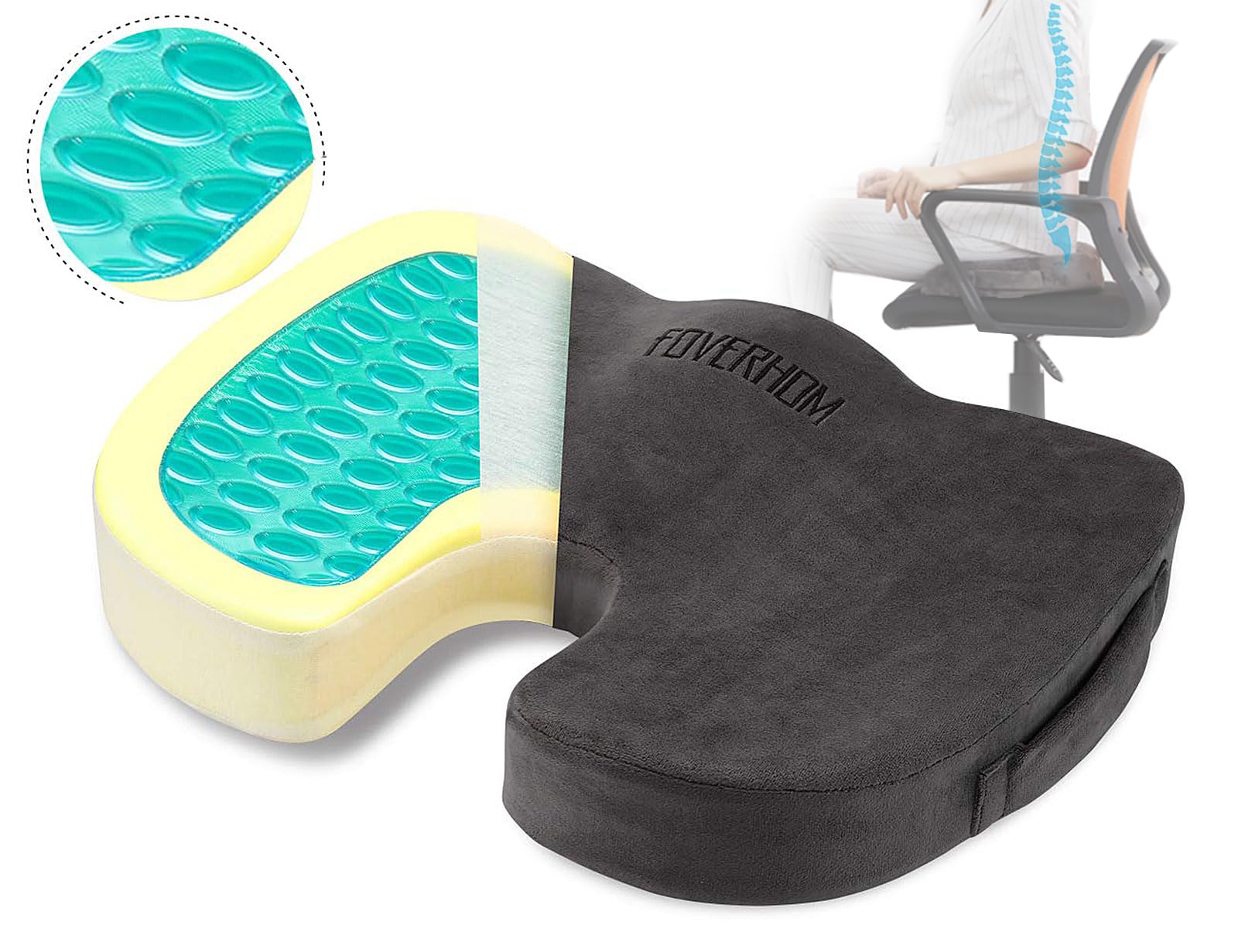 foverhom Cuscino in gel per seduta lunga, cuscino per sedia da ufficio per alleviare il dolore al coccige, ortopedico antiscivolo a 50 densità, memory foam a rimbalzo lento, cuscino per seggiolino