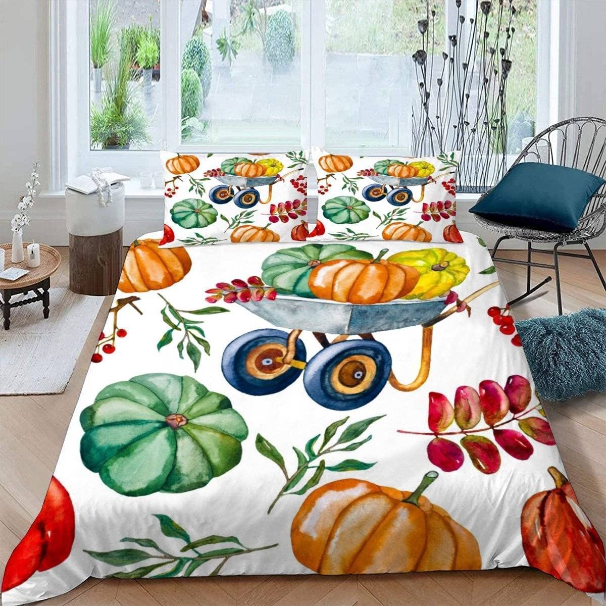 XLYYDS Housse De Couette 200x200 Citrouille, Parure De Lit L'automne 2 Personnes, Imprimée Microfibre Housse Couette, 2 Taies D'oreiller 65x65 Cm Avec Fermeture éclair