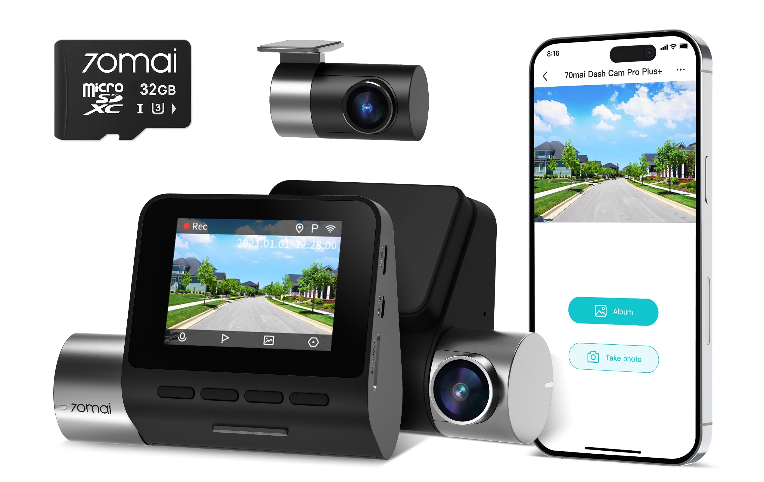 70mai Dash Cam Front and Rear A500S 32GB Dual Dash Camera Built-in WiFi GPS Smart Dash Camera for