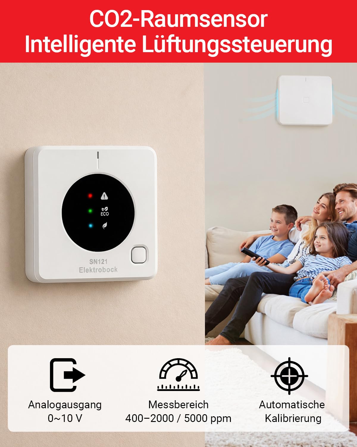 ELEKTROBOCK SN121 CO2 Messgerät mit 0–10V Ausgang – CO2 Sensor für Lüftungsanlagen | Luftqualität Messgerät & CO2 Monitor für Raumluft | präzise CO2 Messung