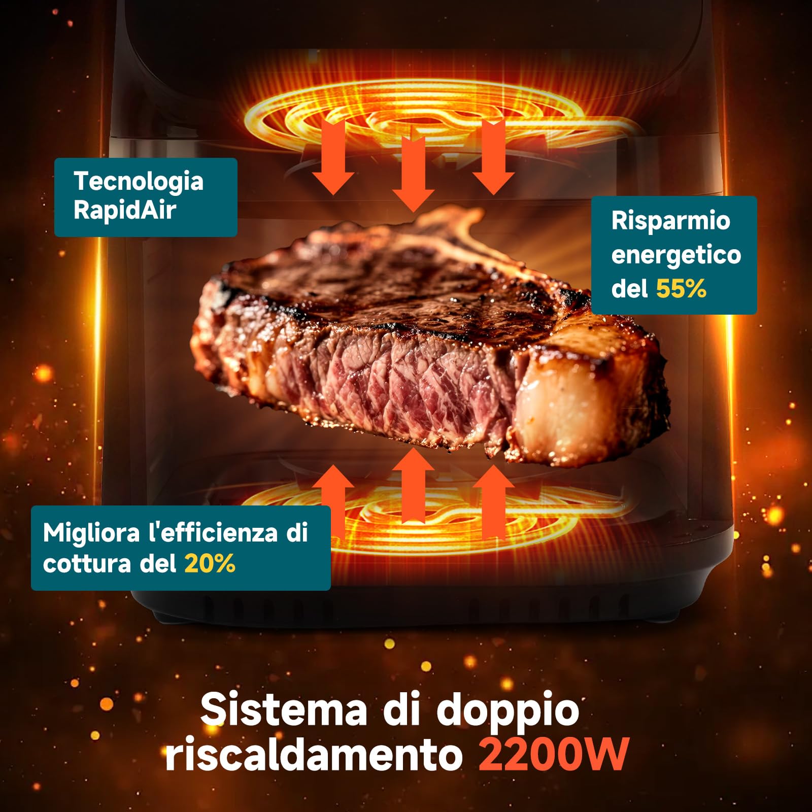 Aigostar Friggitrice ad Aria XXL 8,8 Litri, Air Fryer Doppia Resistenza, Risparmio Energetico 55%, 13 Programmi, Interno Acciaio Inox, Touchscreen & Finestra, Comunità Ricette, 2200W, Nero