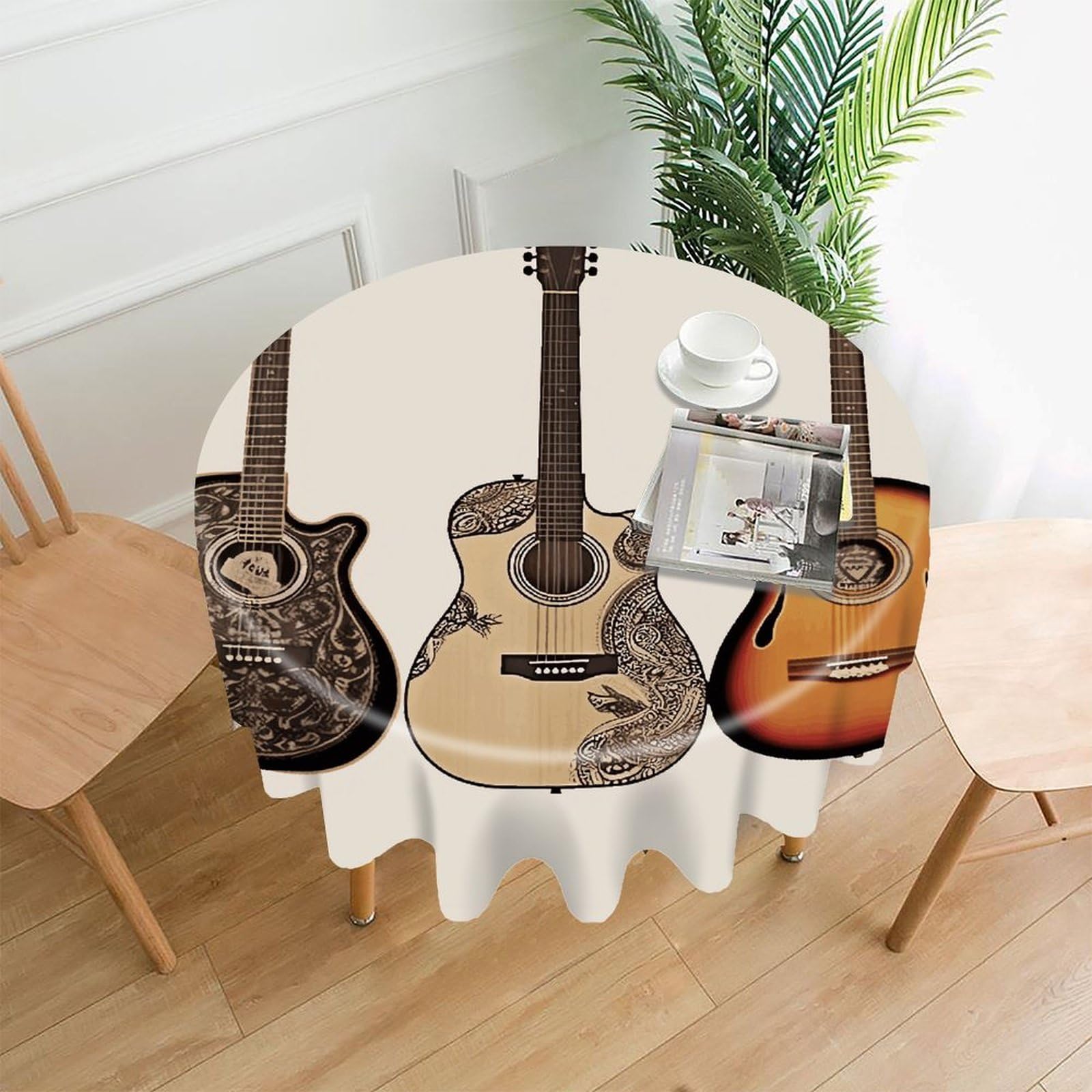 FekiLoot Round Guitar Tablecloth Decorative Fabric Table Cloth Wrinkle Free Circle Dining Tablecover Washable Polyester Table Cover for Holiday Dinner Party Decor 60"