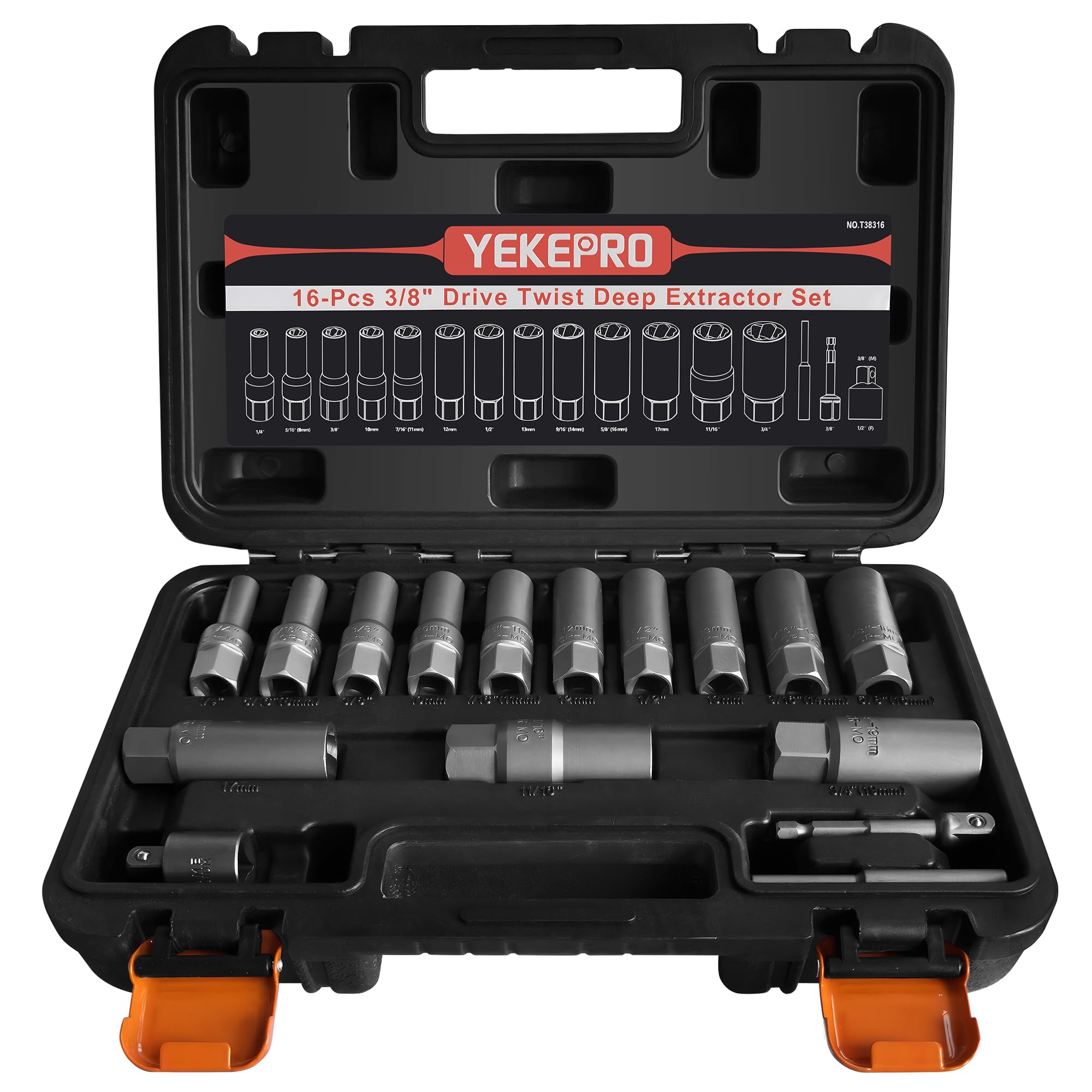 YEKEPRO 16pcs 3/8" Deep Well Bolt Extractor Set, Spark Plug Removal Extraction Socket Tool, Extractor Set for Damaged, Frozen, Rusted, Rounded-Off