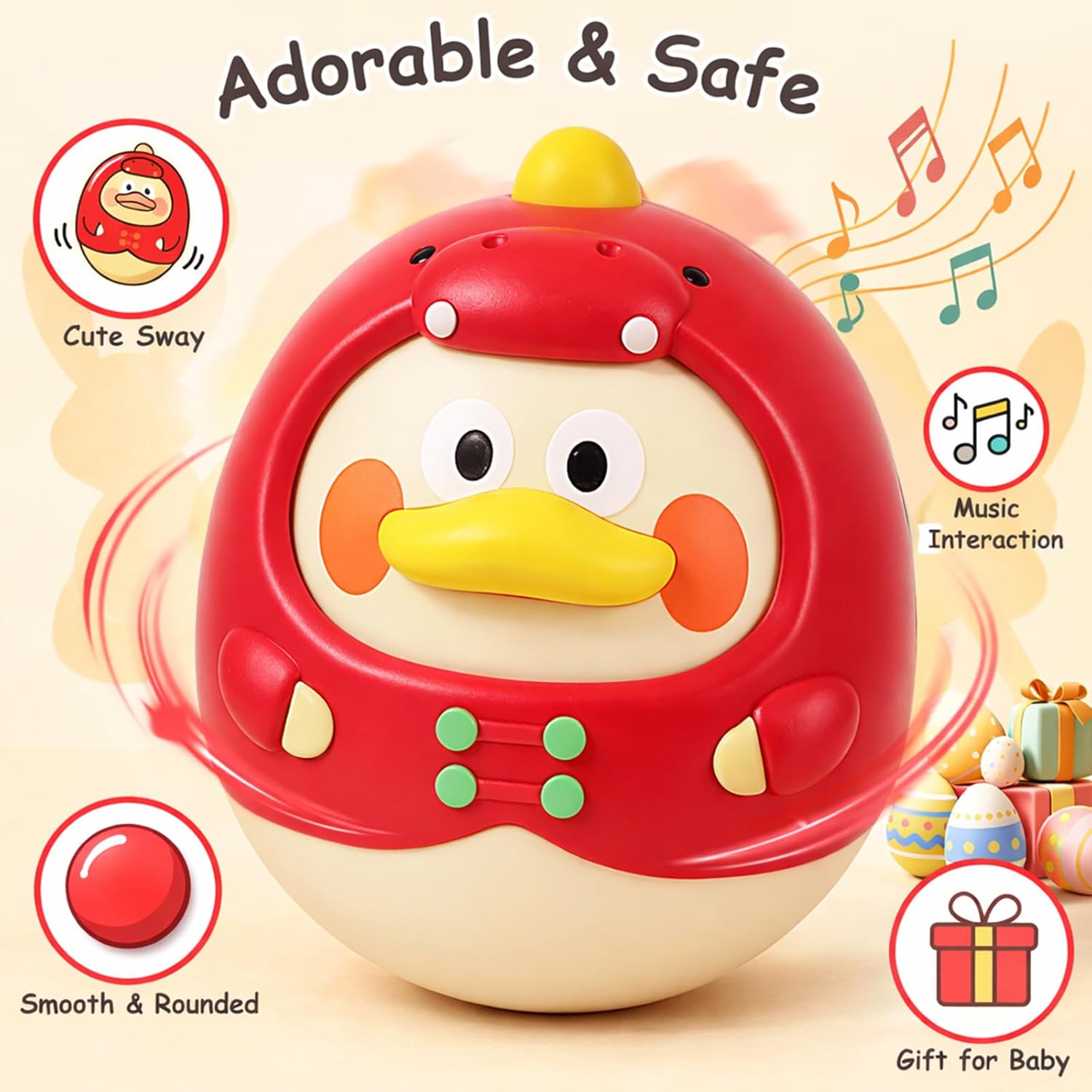 Tinabless Tummy Time Toys, Dinosaur-Duck Roly Poly Baby Toy, Musical Wobbler Toy | Tumbler Wobbler Toy for Newborns 3-12 Month Baby Boys and Girls Easter Basket Gift First Birthday Present (Red)