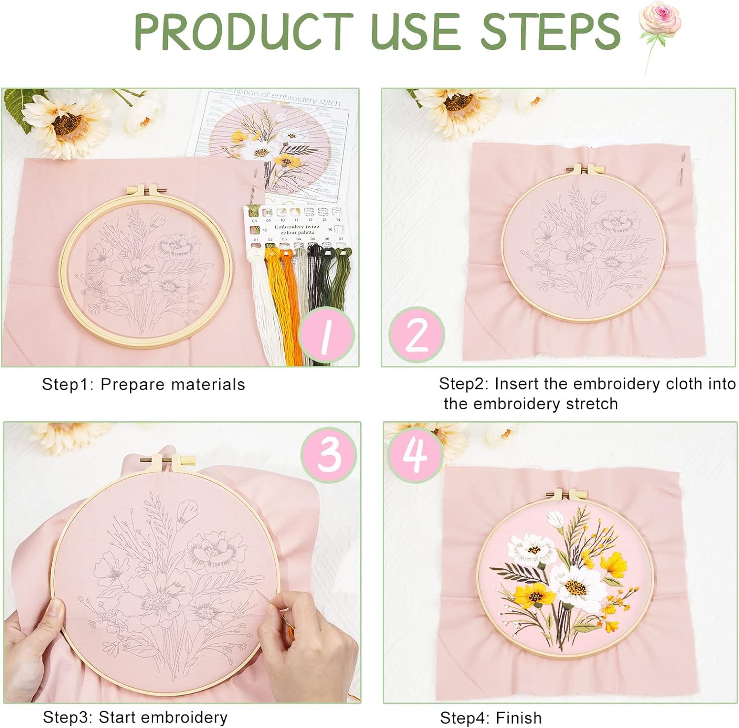 Borduurpakket – Borduurpakket voorbedrukt - – Bloemen - Set 3 stuks - met Borduurring - Borduurpakker volwassenen – incl. Borduurgaren, Naalden en Borduurring rond – 20 cm