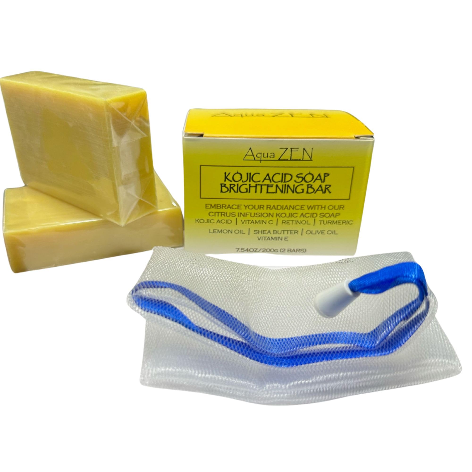 Kojic Acid Soap Lemon Turmeric Brightening Bar with Turmeric, Lemon Oil, Vitamin C+E, & Retinol | (2) BARS 3.5OZ EA + Soap Net | Premium Citrus Infused Kojic Acid Soap w/ Shea Butter & Olive Oil
