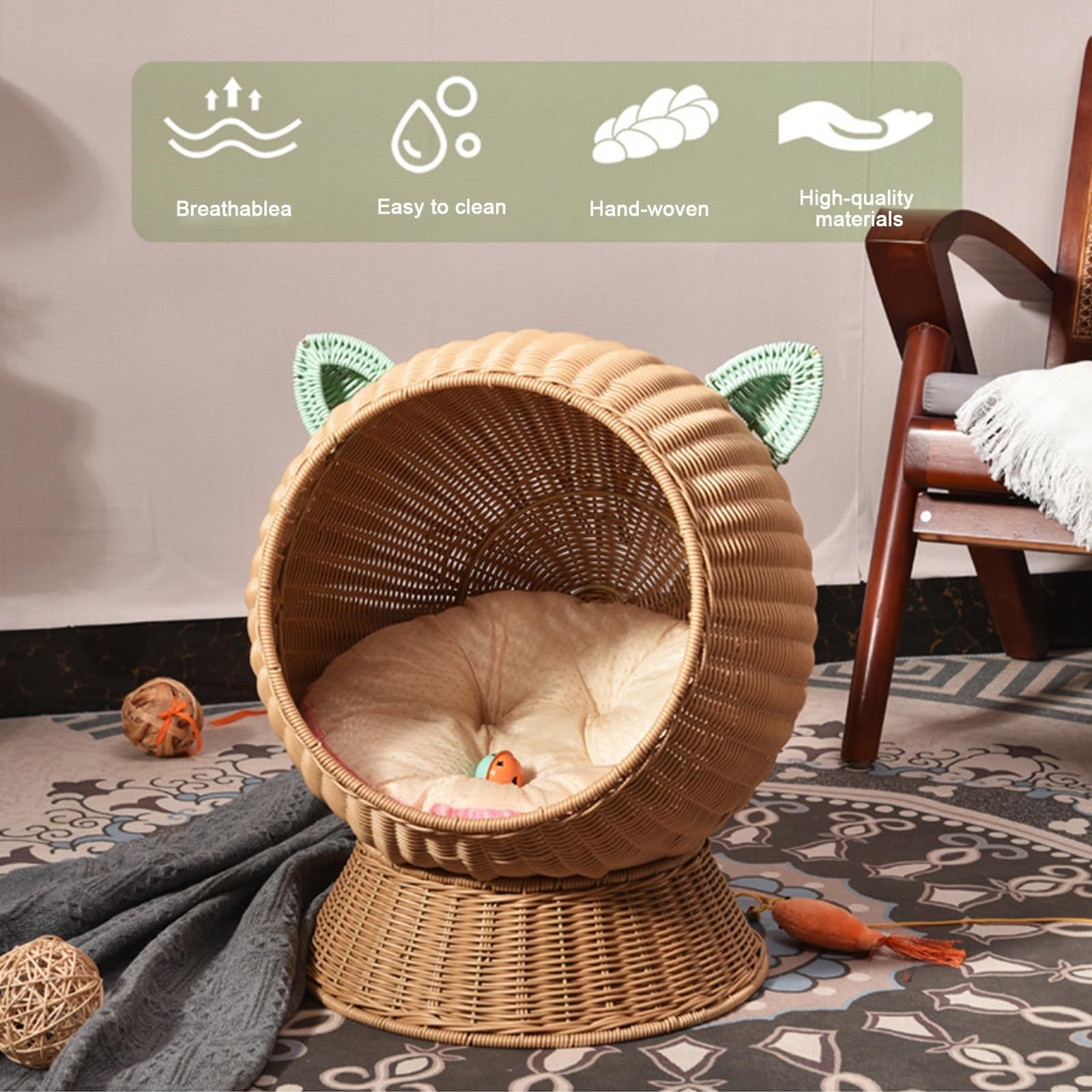Nido per gatti, forma di sedia a forma di uovo per gatti, cuccia per gatti intrecciata a mano, cuccia rialzata per gatti con cuscino morbido e supporto, cucce per gatti