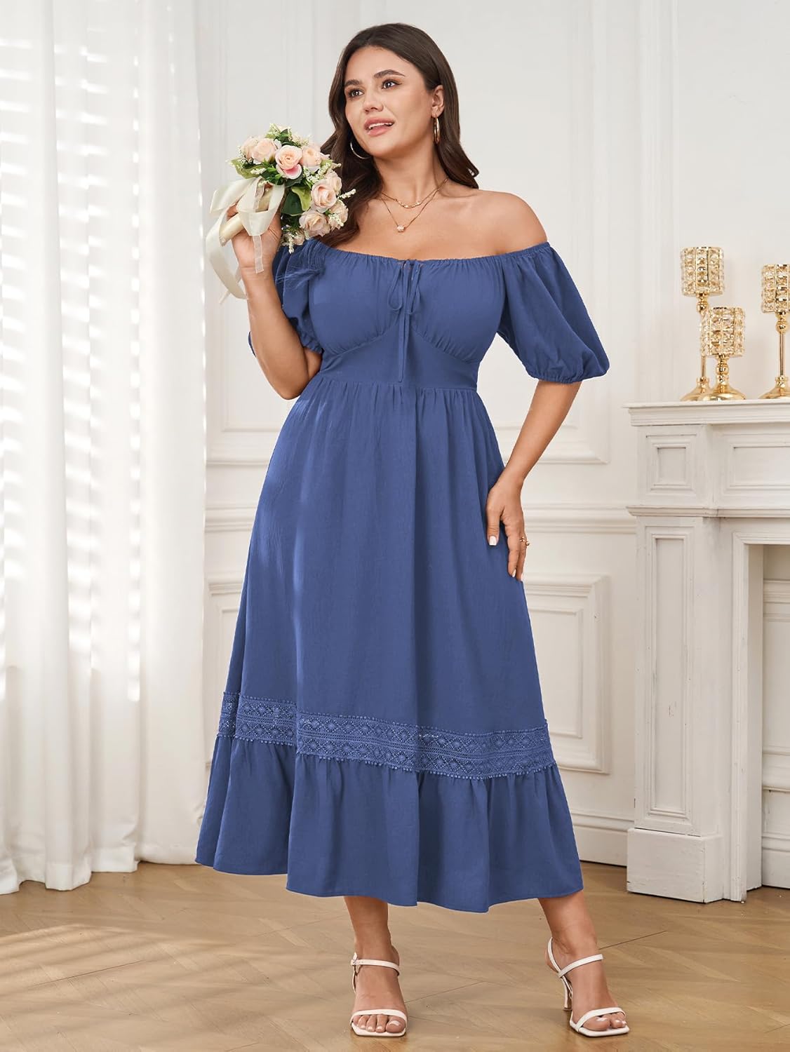 SCOMCHIC Women's Plus Size Dresses Summer Milkmaid Short Sleeve Square Neck A Line Lace Trim Boho Maxi Dress - Image 4