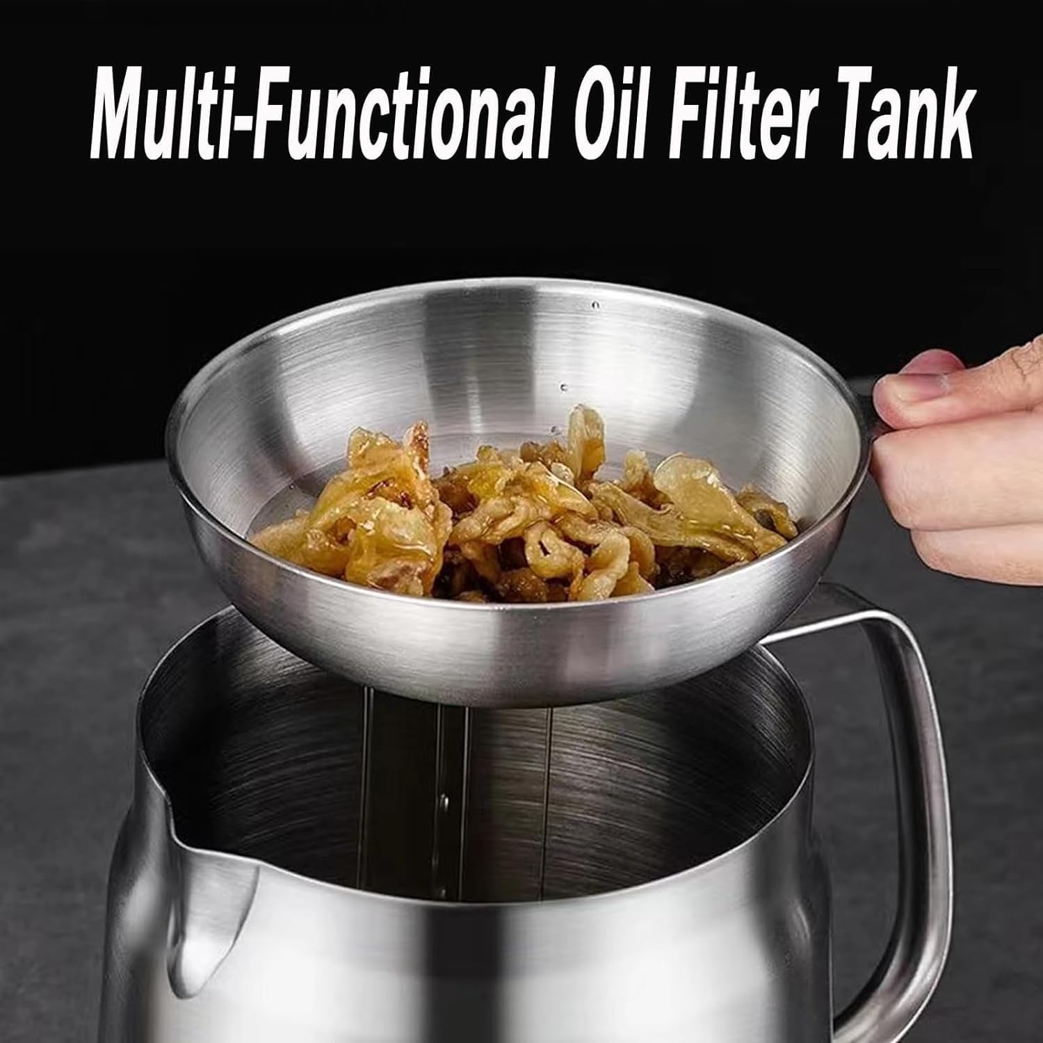 Stainless Steel Fryer,304 Stainless Steel Large Capacity Multifunctional Oil Filter Tank, Kitchen Fryer with Filter, Perfect for Cooking French Fries in the Kitchen (1.5L), silver, FS646