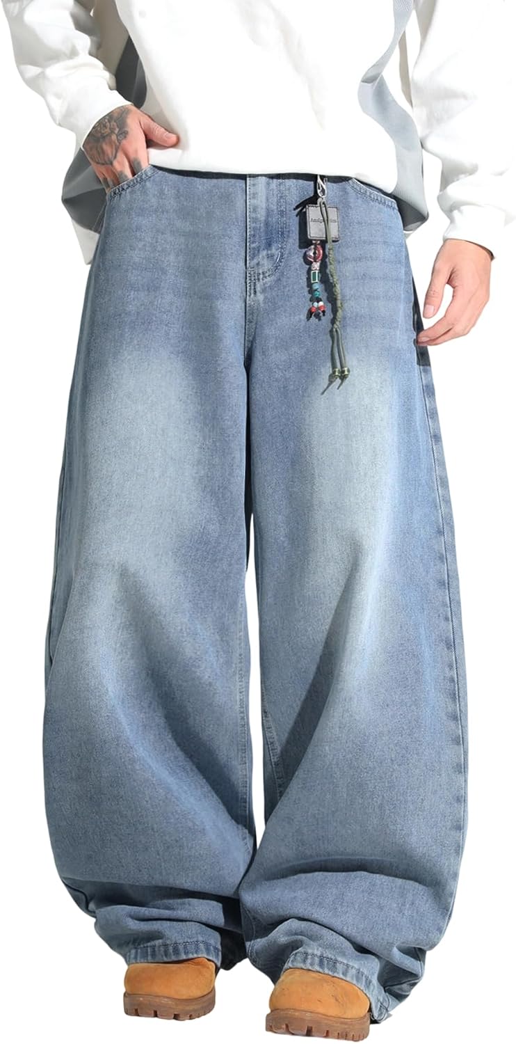 Men's Baggy Y2K Hip Hop Street Jeans Wide Leg Denim Pants Loose Fit Long Trousers