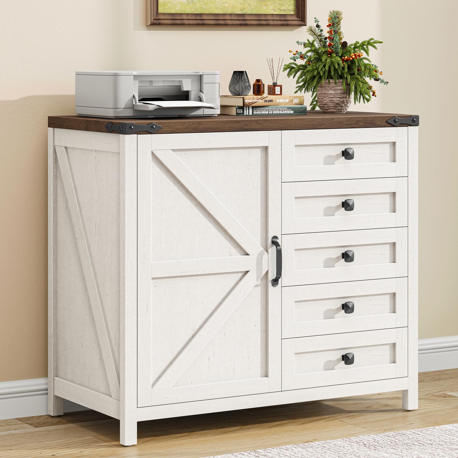 Halitaa Lateral File Cabinet with 5 Drawers, Farmhouse File Cabinet with Door and Adjustable Shelf, Large Wood File Storage Cabinets Printer Stand for Home Office Furniture, Rustic White and Brown