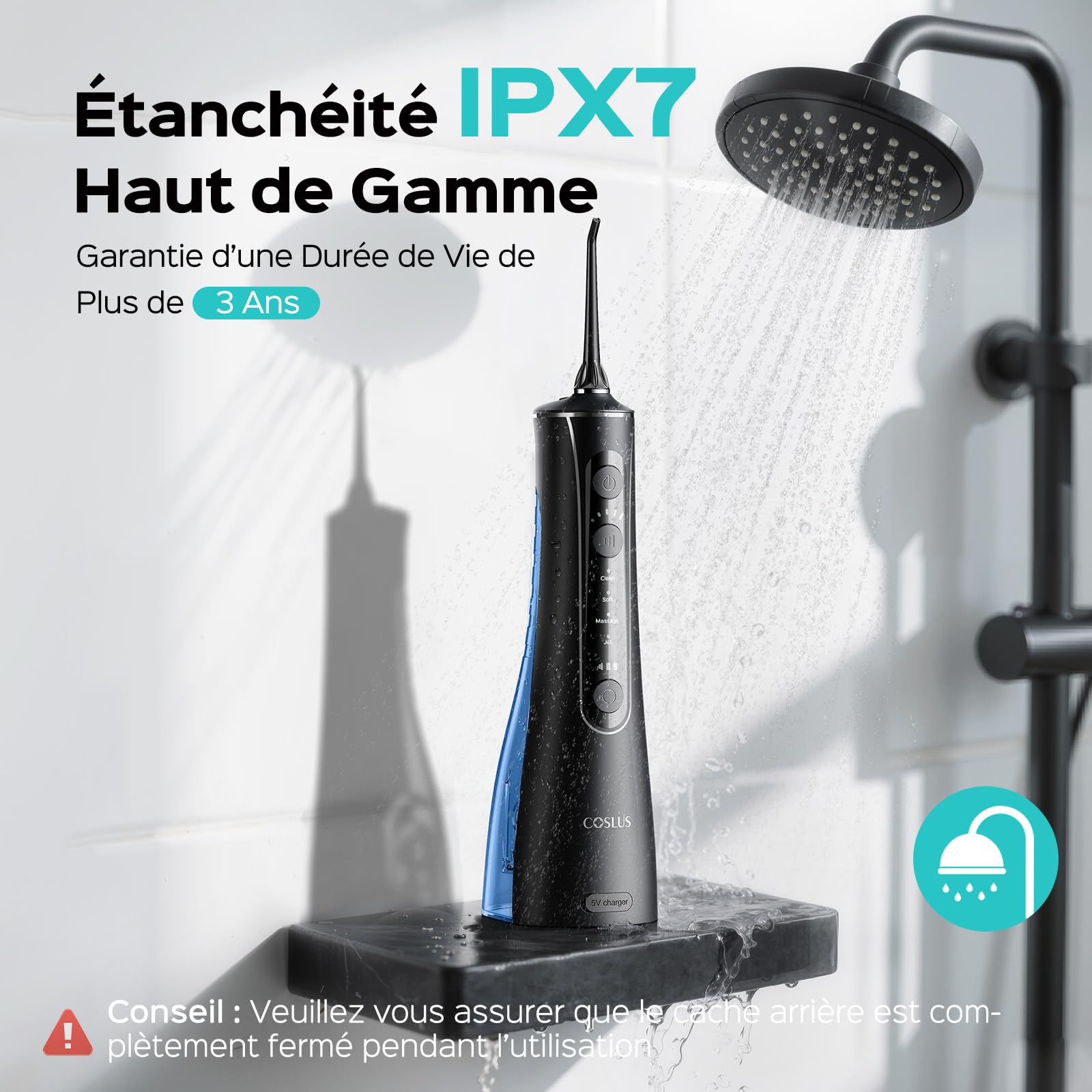 COSLUS C50 Jet Dentaire Hydropulseur Irrigateur Oral: 4 modes et 20 niveaux-IPX7 étanche-Technologie Anti éclaboussures-Usage à domicile et en voyage-pour gencives sensibles et santé-Noir Brillant