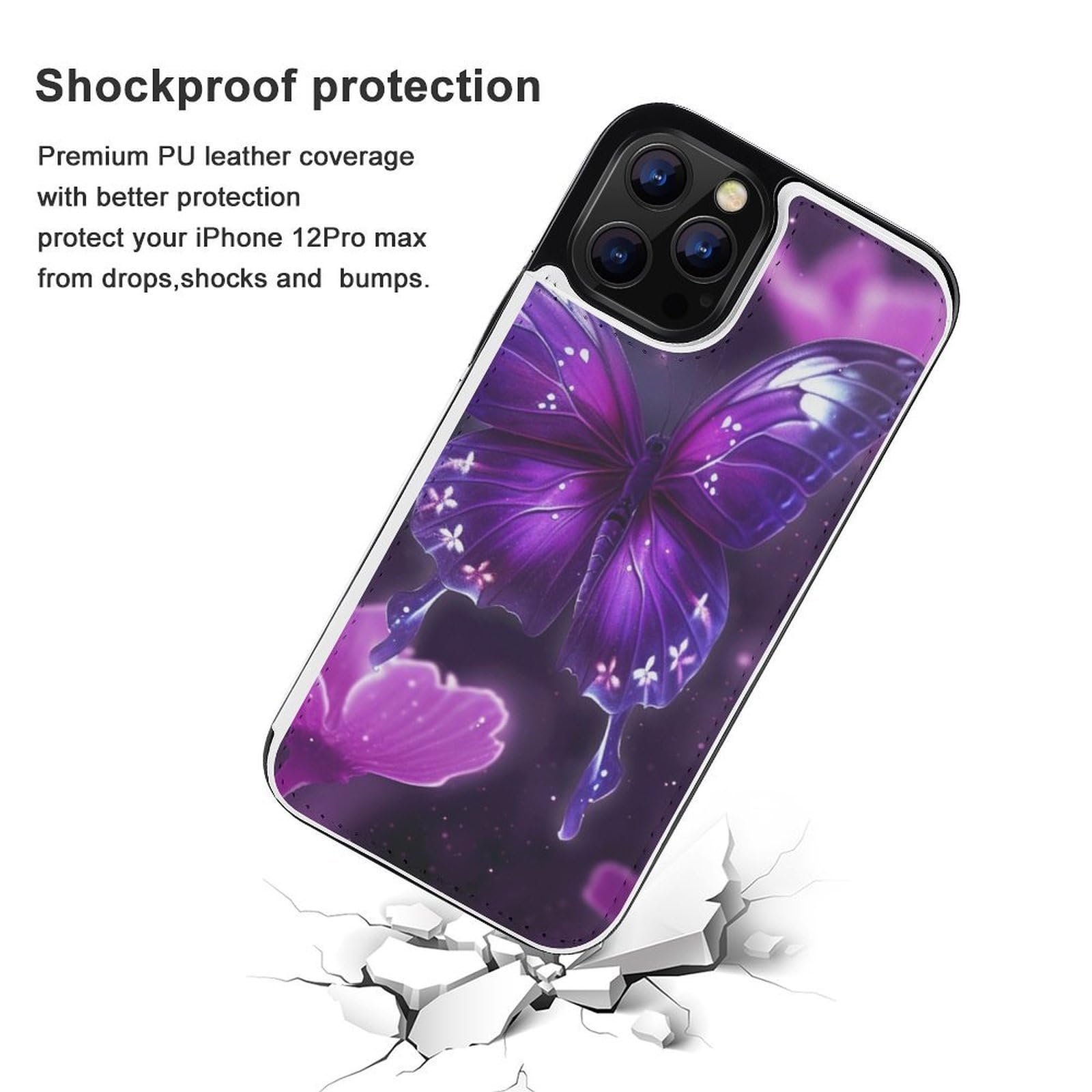 Fundas tipo cartera para iPhone 12 Pro Max, diseño de mariposas moradas, funda de piel con ranuras para tarjetas