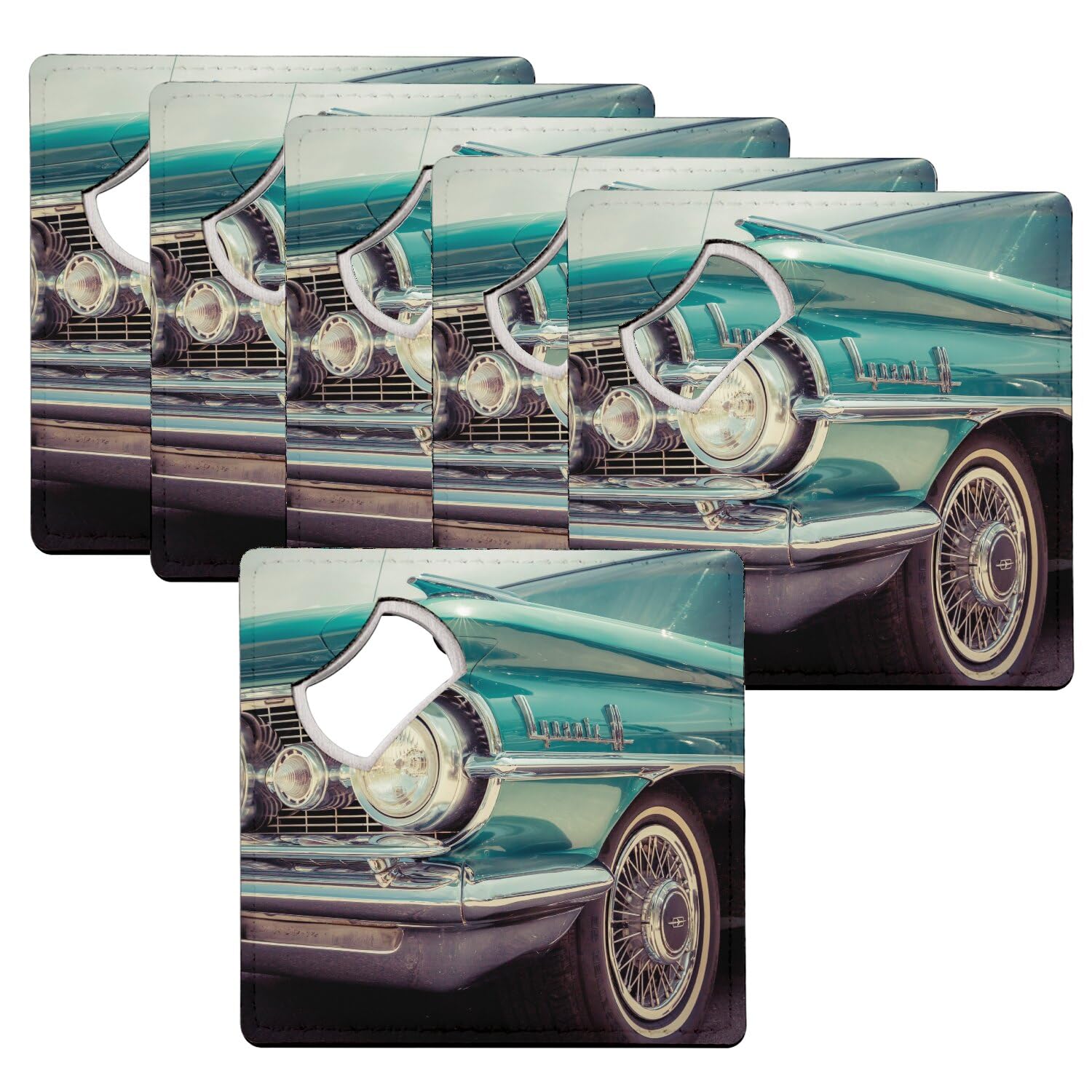 Sous verre décapsuleur voiture américaine verte vintage en lot de 6 dessous de verre 92x92 mm