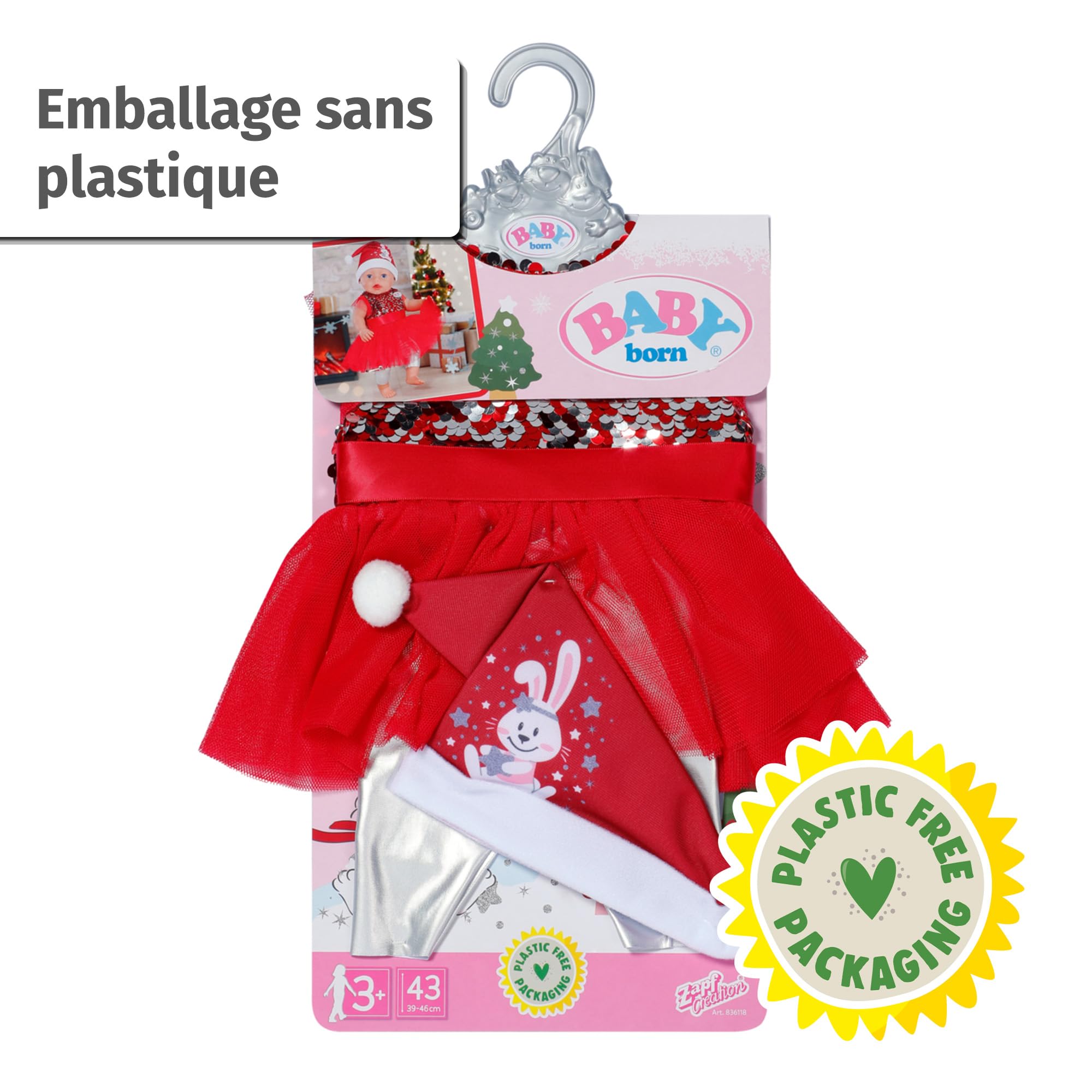 BABY born Strój bożonarodzeniowy 43 cm, sukienka bożonarodzeniowa z cekinami, legginsami i czapką bożonarodzeniową dla lalek 43 cm, 836118 Zapf Creation