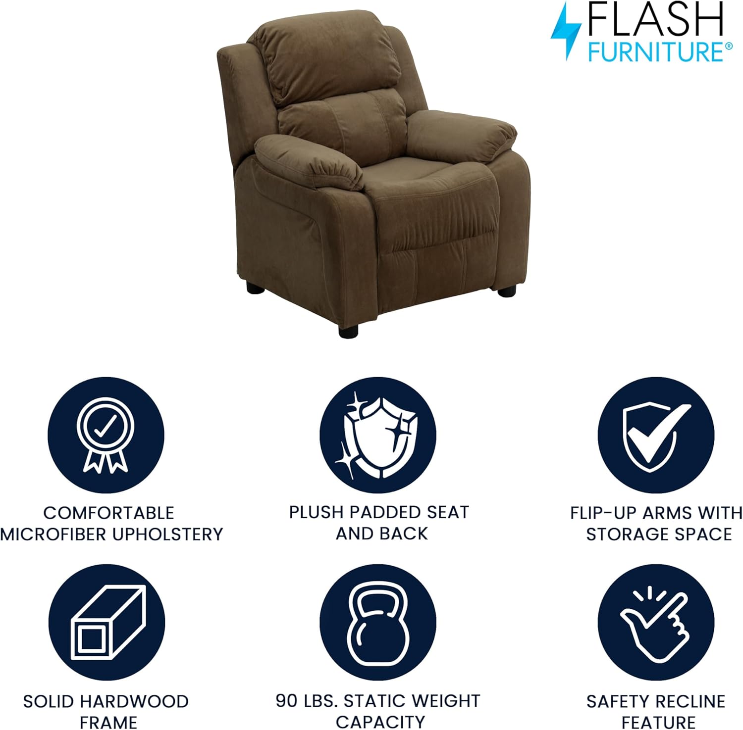 Flash Furniture Charlie Microfiber Kids Recliner with Flip-Up Storage Arms and Safety Recline, Contemporary Reclining Chair for Kids, Supports up to 90 lbs., Brown