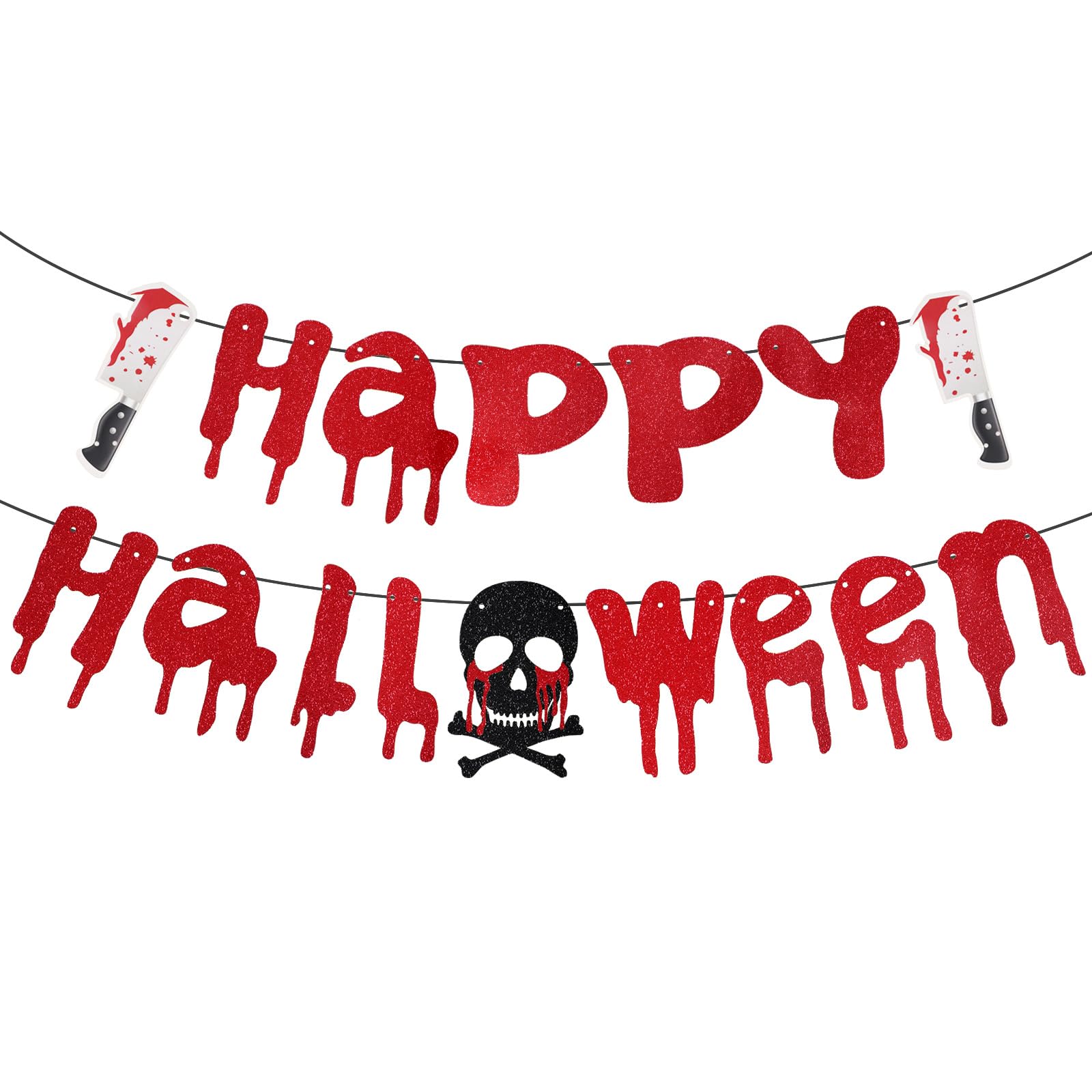 Happy Halloween Banner, Scary Halloween Party Decorations Skull and Fake Knife Red Bloody Hanging Banner Garland for Horror Movie & Zombie Vampire Theme Party Supplies