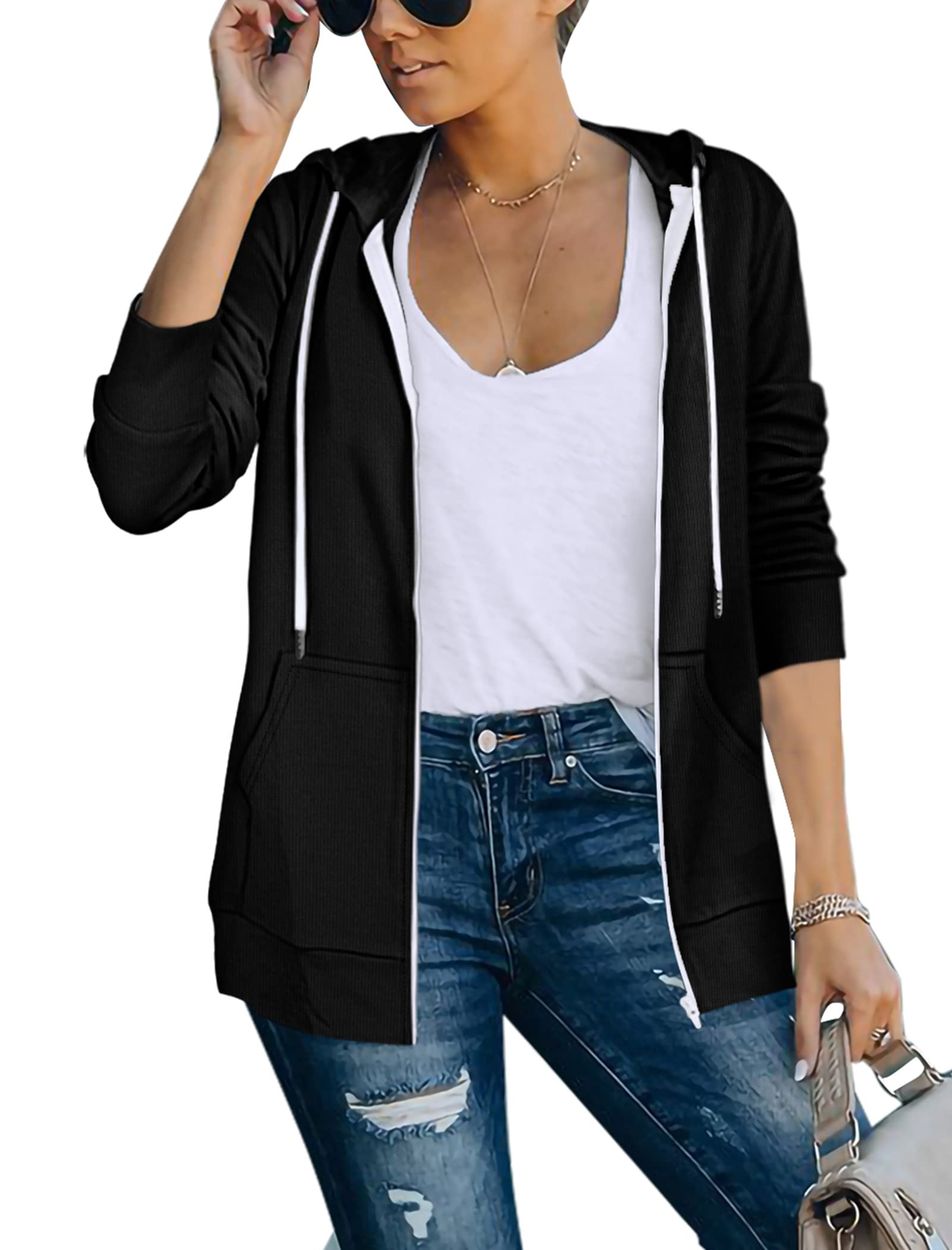SaloogoeLightweight Zip Up Hoodies for Women Hooded Sweatshirts Long Sleeve Thin Jacket with Zipper