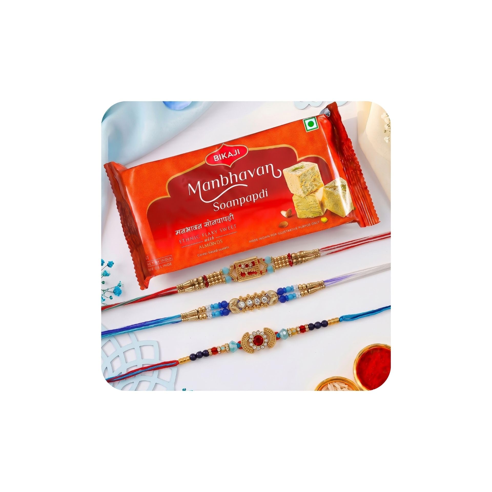Poorak Designer For Brother Assorted, Greeting Card, Chawal Roli Pack Set (3 Rakhi, 1 Roli Chawal, 1 Greeting Envelope, 100 gm Soan Papdi)-picture-11