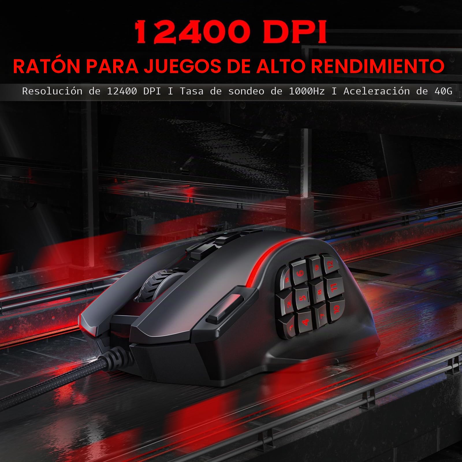 Redragon - mouse para juegos, MMO Mouse Gaming UP 12400 DPI, 19 botones programables macro, mouse RGB con 12 botones laterales, 8 ajustes de peso de 2,4 g para PC portátil MOBA FPS, M901K, negro