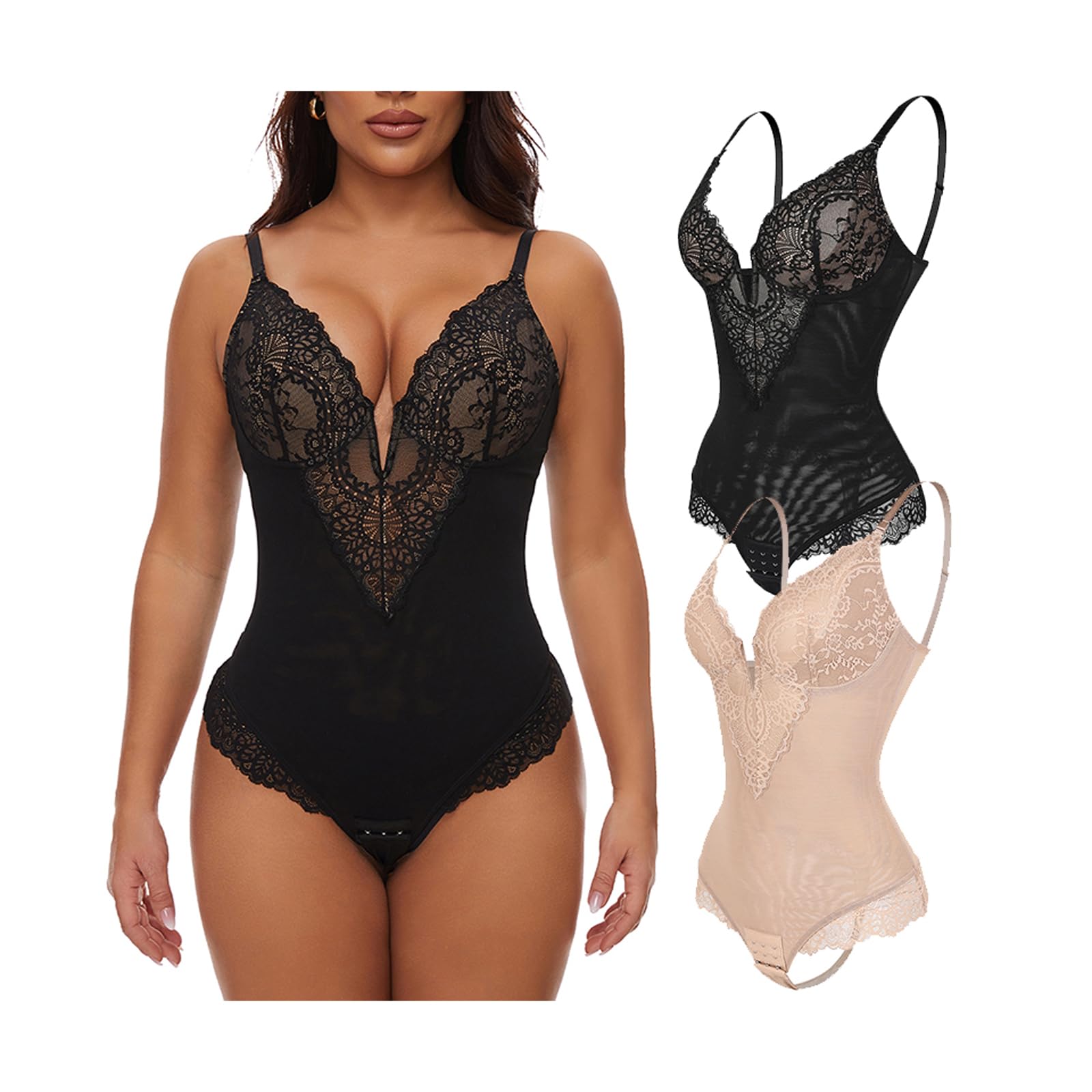 Body de Malla de Encaje para Mujer, Ropa Moldeadora con Control de Barriga, Cuello en V, Tangas, Ropa Interior, Monos de recuperación adelgazantes