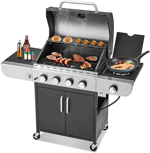 WIIS' IDEA Parrilla de gas propano de 4 quemadores con rejilla de hierro fundido esmaltado de porcelana, panel de control y termómetro y quemador