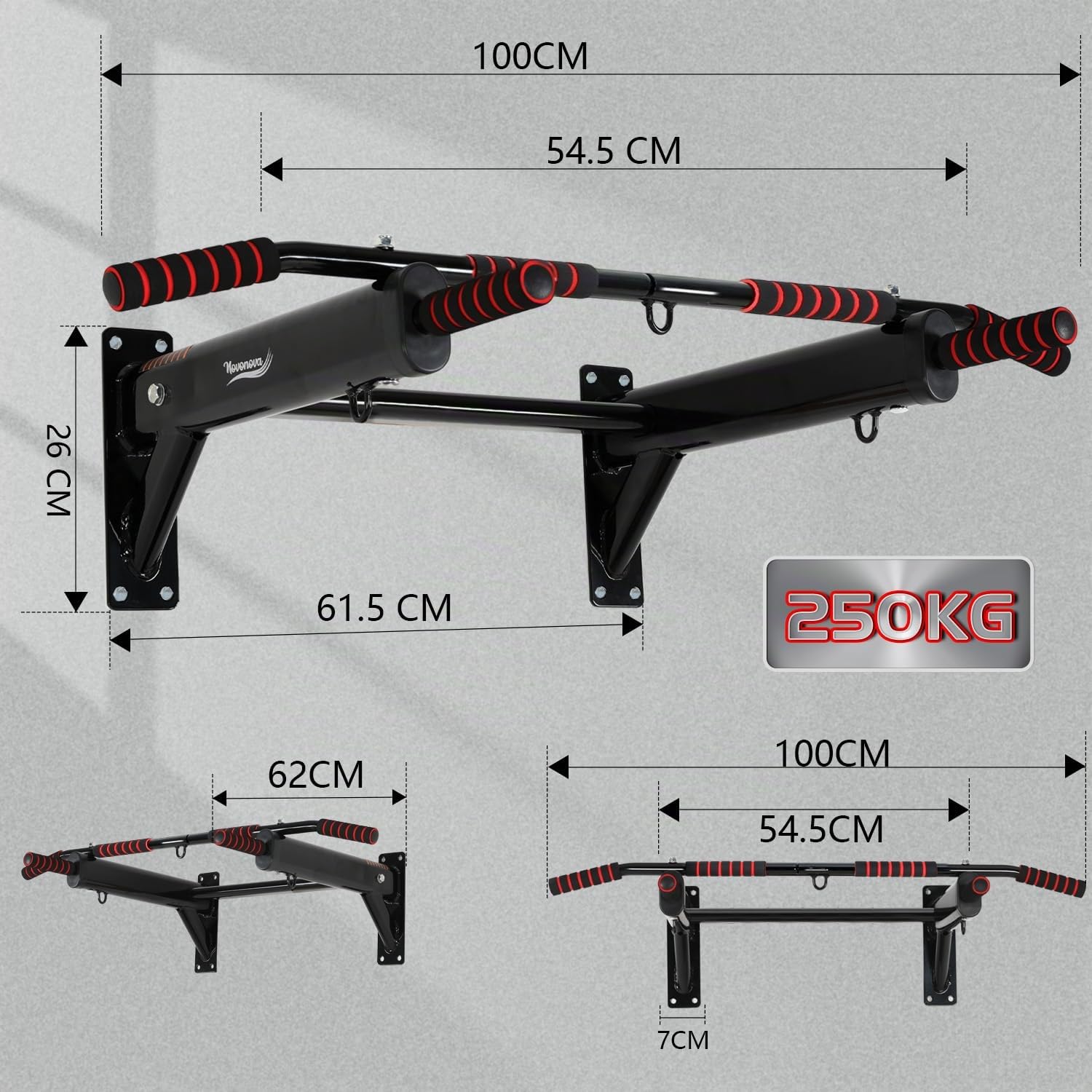 Sbarra Trazioni a Muro Fino a 250KG, Barra per Trazioni con Impugnature Antiscivole, Pull Up Bar Multifunzionale per Casa, NV-166