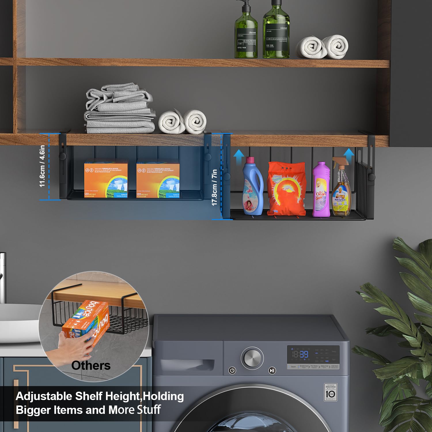 AmonHouseware Paquete de 2 cestas de almacenamiento colgantes debajo del estante, estantes de almacenamiento adicionales debajo del gabinete, organizador para lavandería, cocina, despensa, escritorio