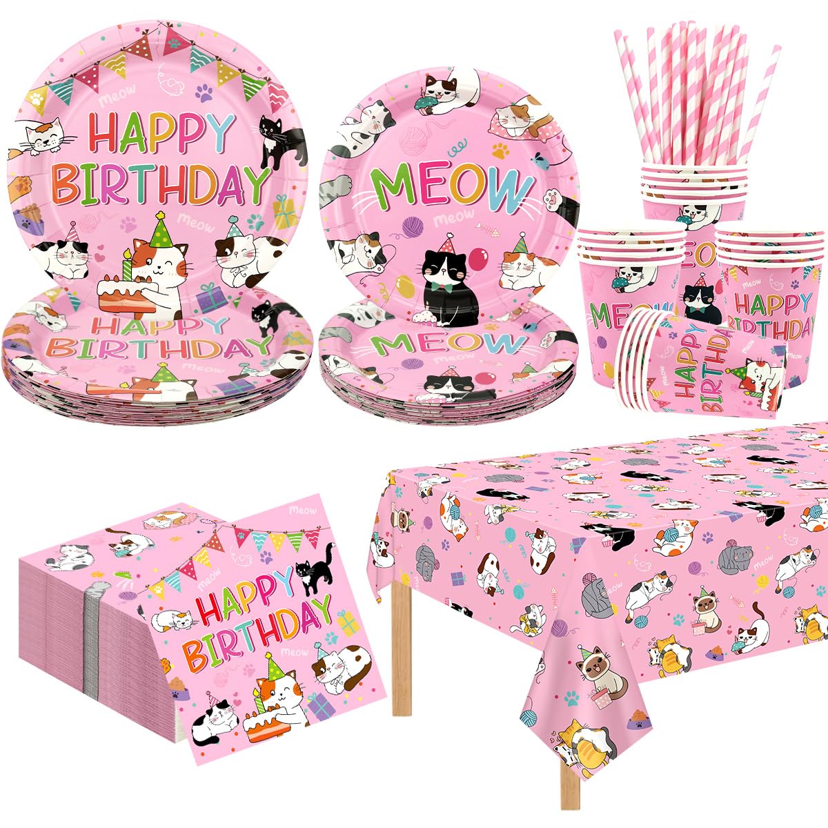 FuenteOrilla Cat Birthday Decoration, 20 Guests, Includes Plates, Napkins, Cups, Tablecloth, Straw for Cat Birthday Party Supplies