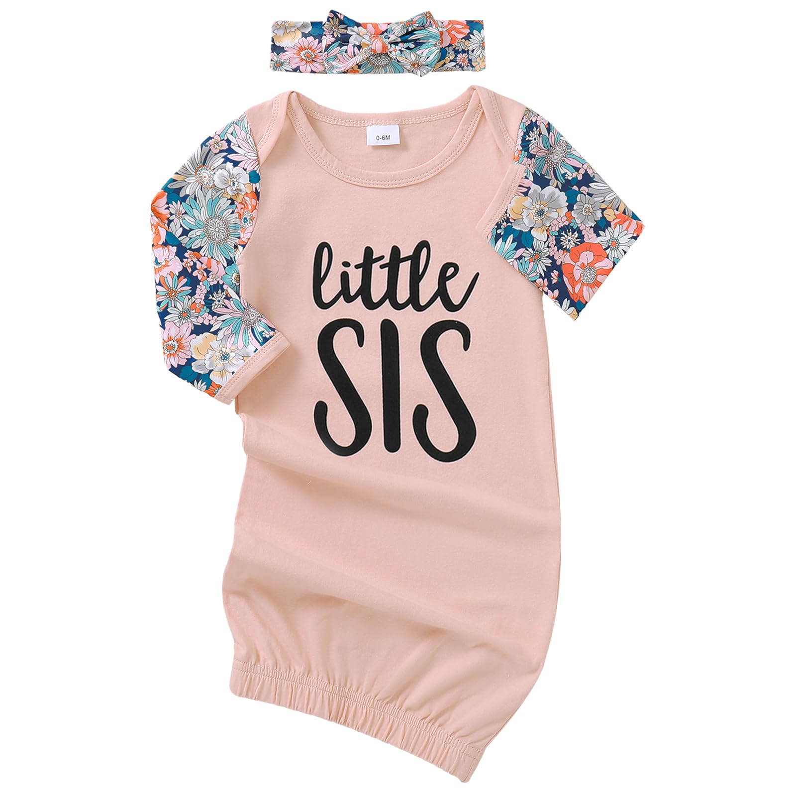 AMAWMW Newborn Baby Girl Little Sister Sleeper Gown Stripe Long Sleeve Nightgown Pajamas Gifts Stuff Essential Outfit S Pink Floral Sleeve 02 0-6 Months
